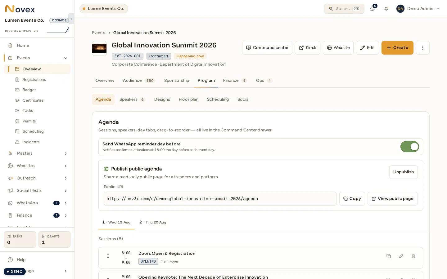 The Agenda pane of an event's Program tab: a WhatsApp-reminder toggle, the public-agenda publish panel with the live URL, day tabs for each event day, and the day's sessions listed with drag handles and duplicate / edit / delete controls.