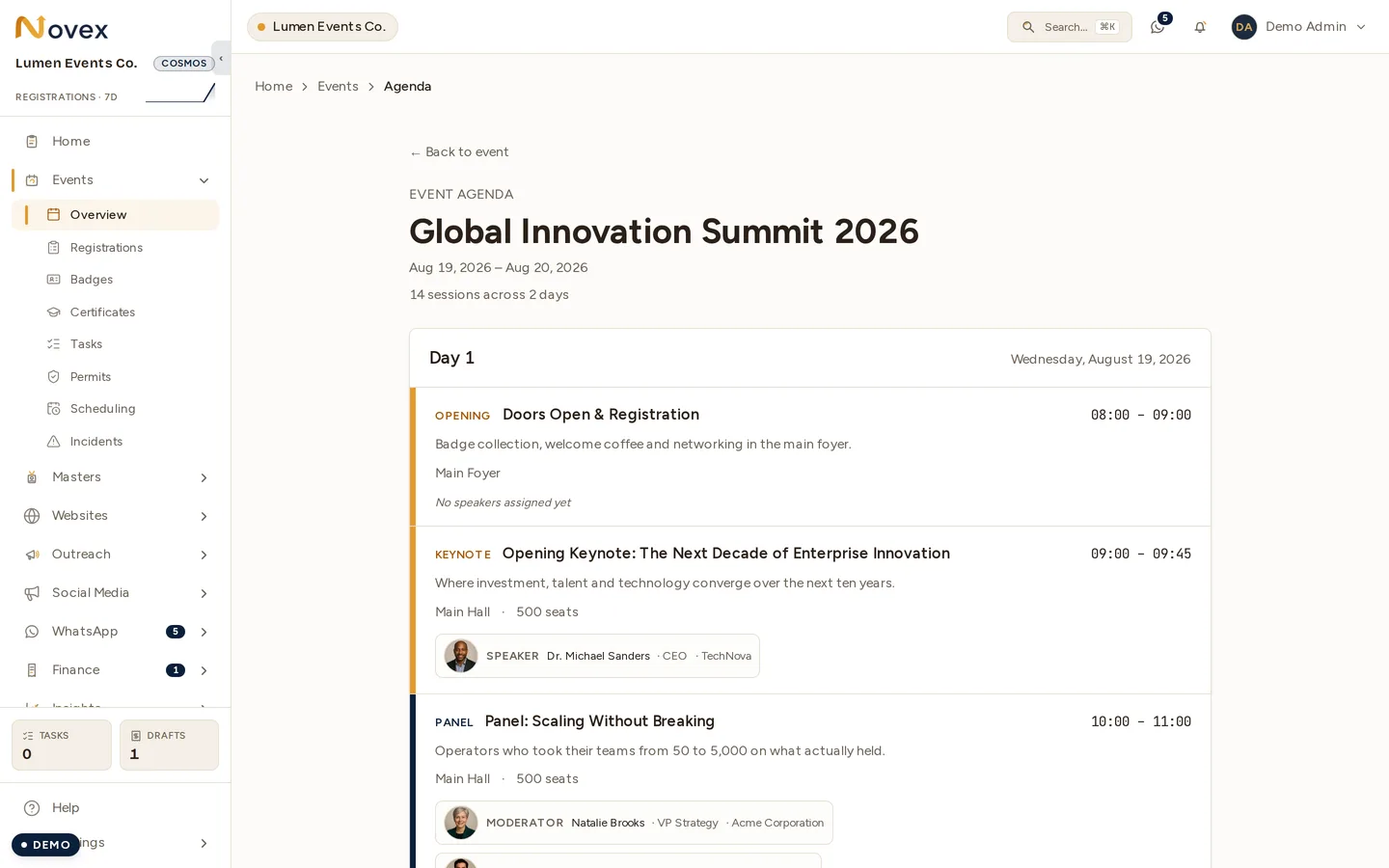 The read-only agenda view: 14 sessions across 2 days, each with its type, title, time, room, capacity, and the speakers assigned to it.