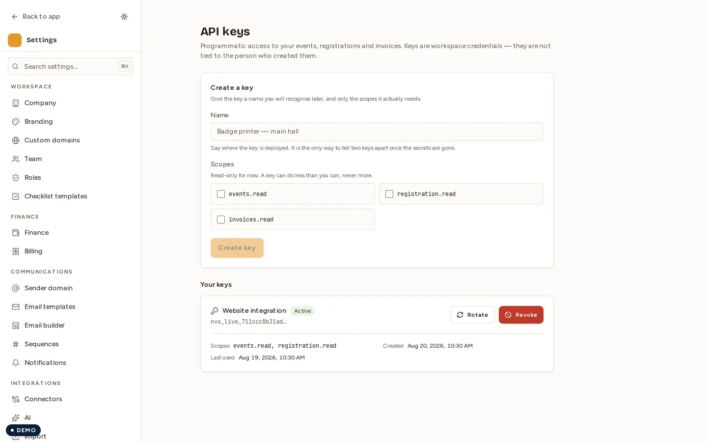 The API keys screen: the create form with its read-only scopes, and an existing key shown by its prefix — the secret itself is displayed once, at creation, and never again.