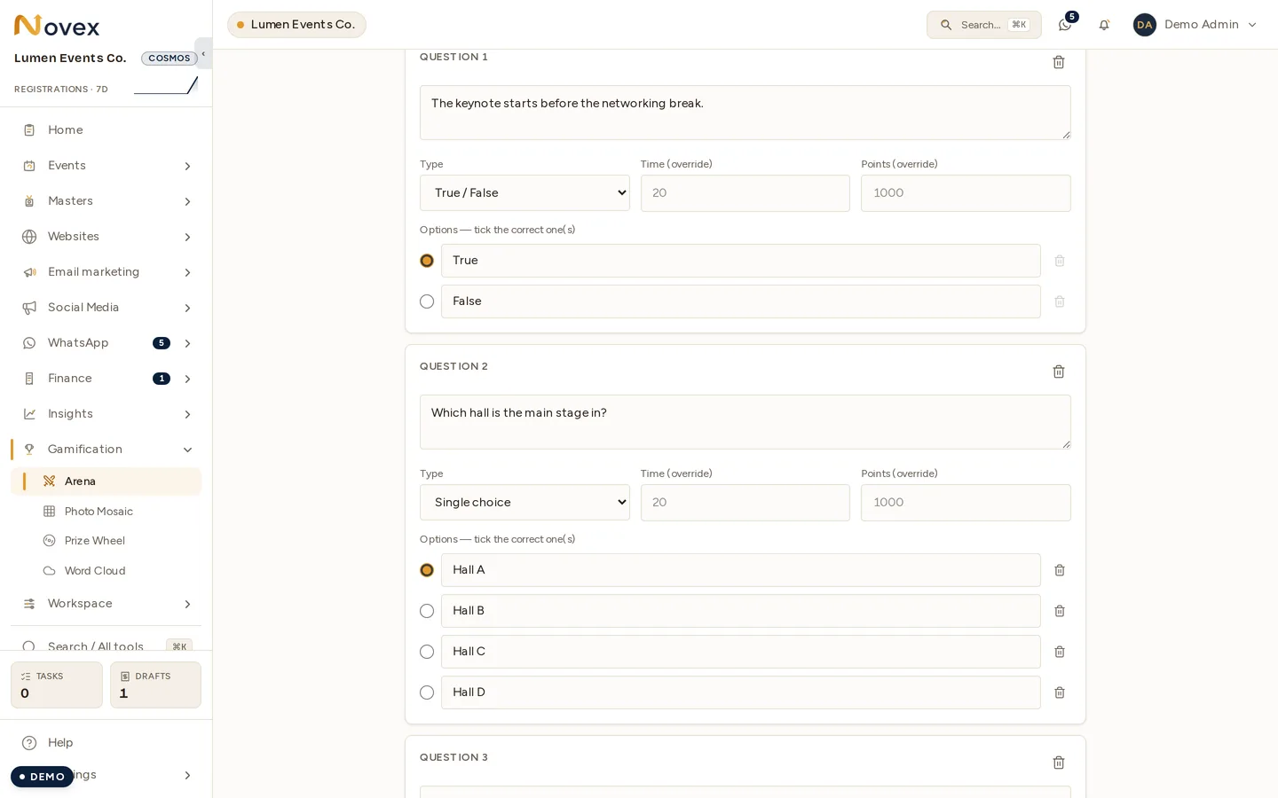 The quiz builder scrolled to its questions: Question 1 is a True / False question reading "The keynote starts before the networking break." with True ticked as correct; Question 2 is a single-choice question, "Which hall is the main stage in?", with four options and Hall A ticked. Each question carries a Type select and Time and Points override fields showing the quiz defaults of 20 seconds and 1000 points.