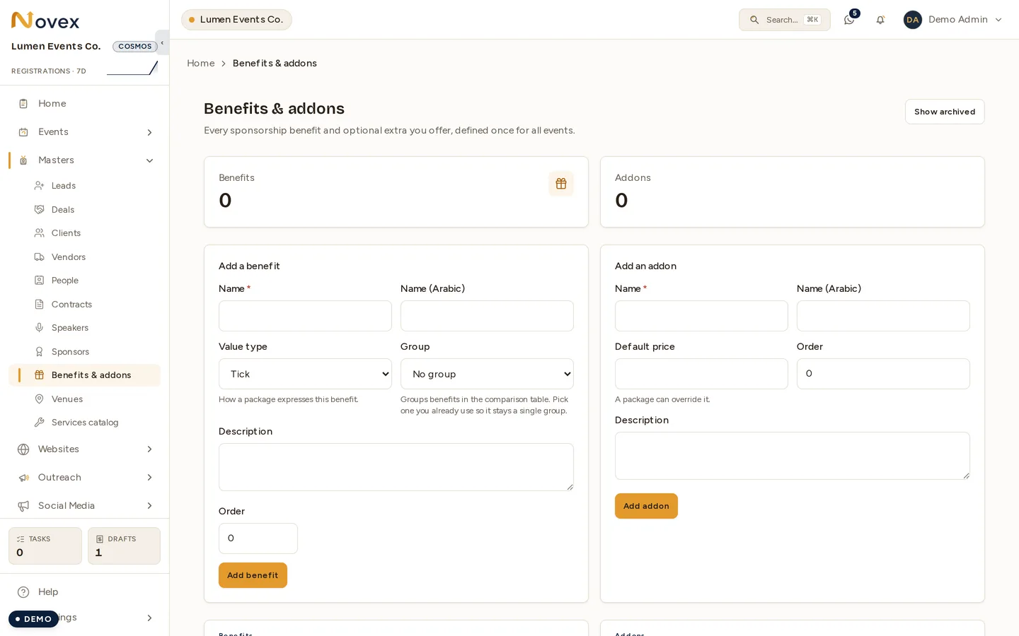 The Benefits & addons master with both counters at zero, showing its two authoring forms side by side — "Add a benefit" with a value type of tick, number, text or amount and a grouping picker, and "Add an addon" with a default price.