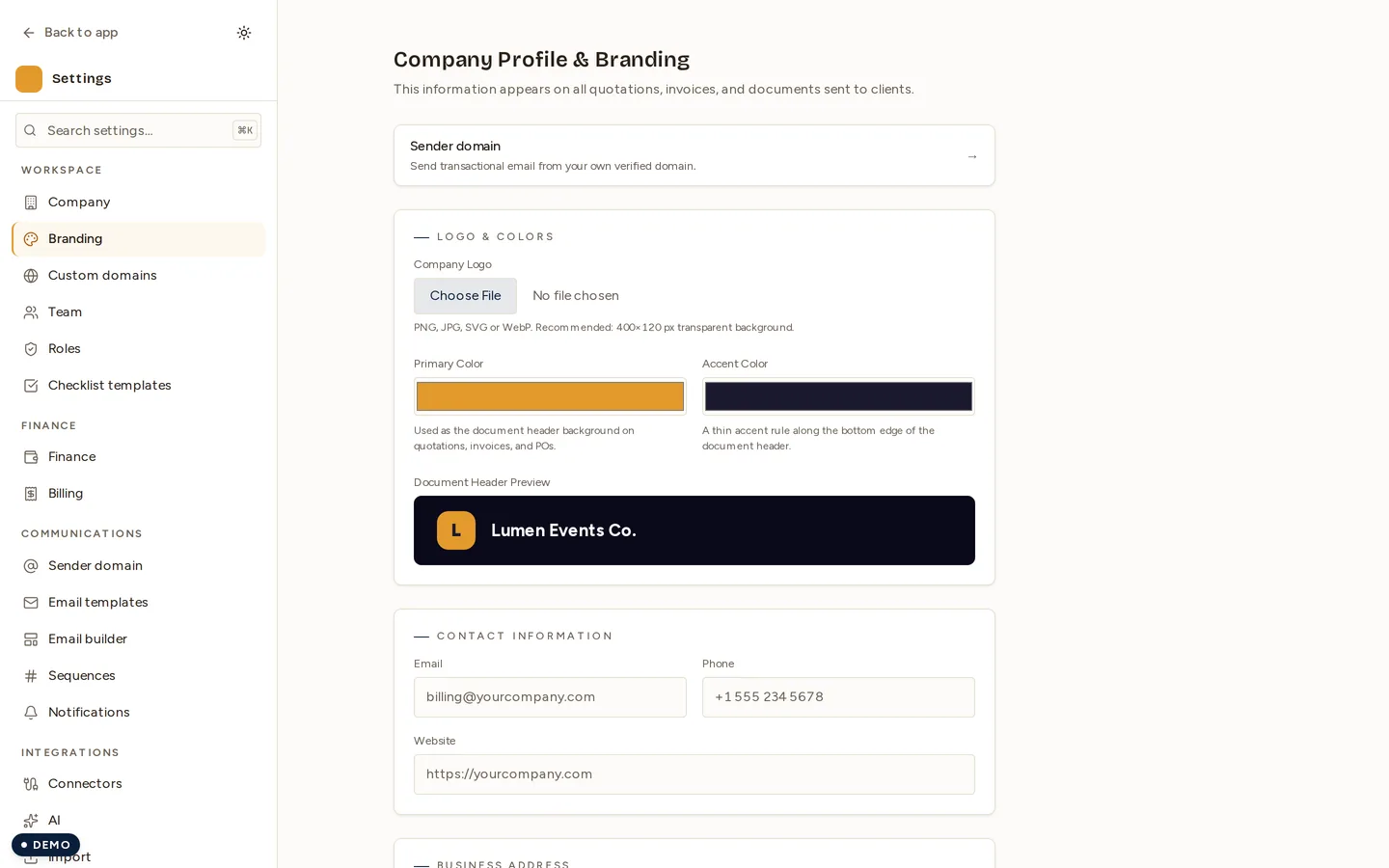 The Branding screen: logo, colours and the document identity used on quotations and invoices.