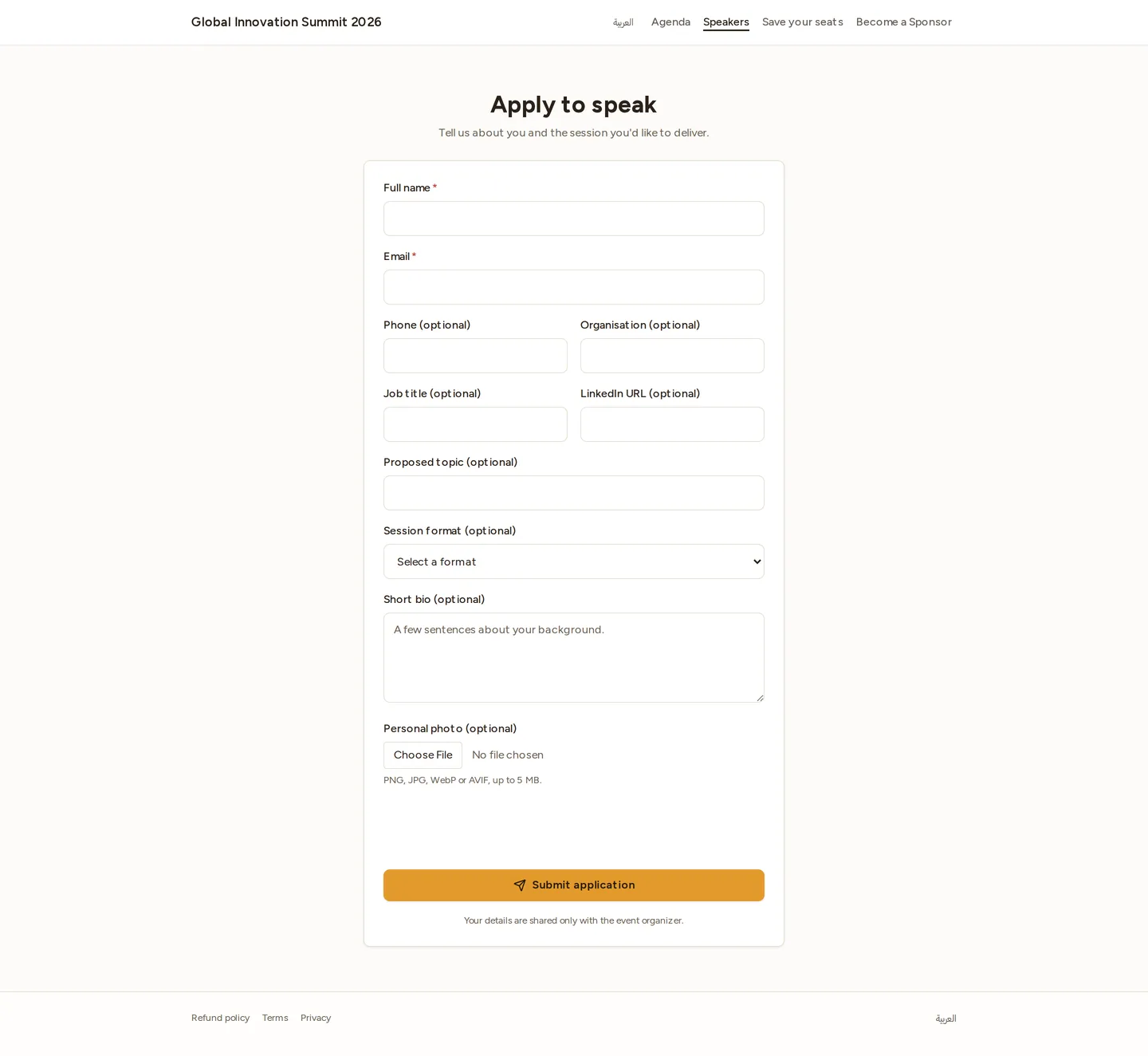 The Call for Speakers application form, shown while the window is open.