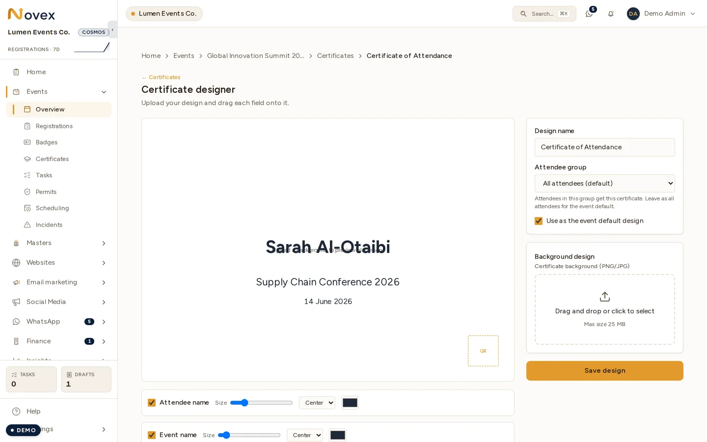 The certificate designer: a preview canvas carrying the recipient name, event name, date and QR placeholder, each draggable; a panel on the right for the design name, the attendee group, the "Use as the event default design" switch and the background upload; and per-field rows below the canvas with a size slider, an alignment select and a colour swatch. The names and dates on the canvas are the designer's own sample values, shown so you can judge placement — not this event's data.