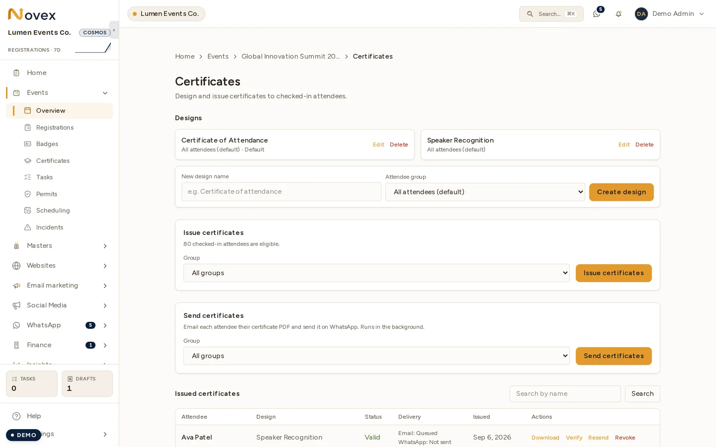 The Certificates page of an event: a Designs strip holding "Certificate of Attendance" (the event default) and "Speaker Recognition", each with Edit and Delete; a form to name a new design and pick its attendee group; an Issue certificates panel reporting 80 checked-in attendees eligible; a Send certificates panel; and the start of the issued list.