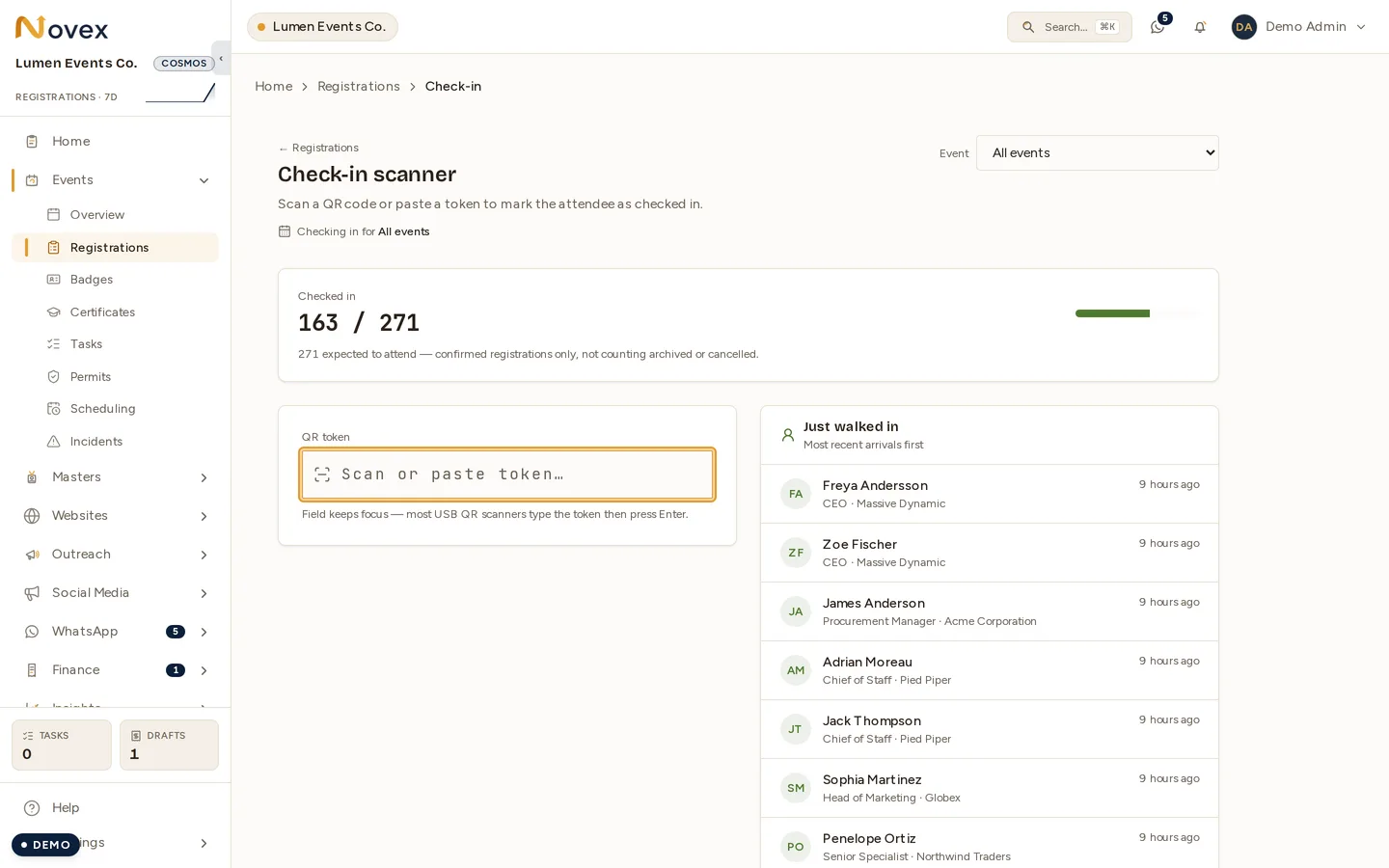 The staff check-in scanner: an event picker set to All events, a "163 / 271 checked in" progress card, a focused "Scan or paste token" field, and a "Just walked in" list of the most recent arrivals with their job titles and how long ago they checked in.