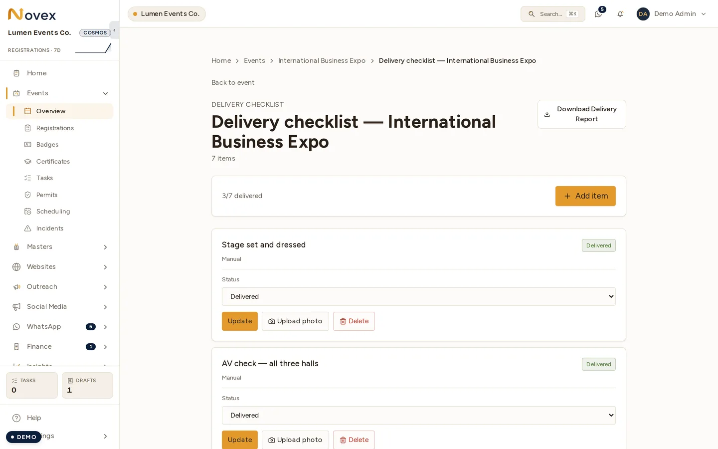 A delivery checklist with 7 items and a "3/7 delivered" counter, a Download Delivery Report button, and each item carrying its own status dropdown with Update, Upload photo and Delete controls.