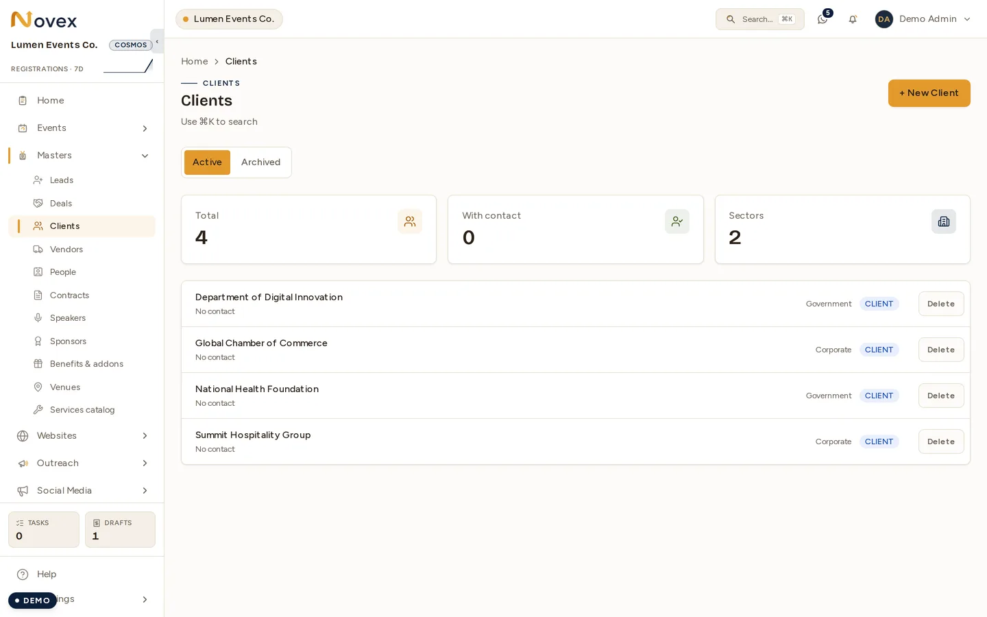 The Clients master: counters for total clients, how many have a contact and how many sectors are represented, then a row per client company with its sector and a CLIENT badge.