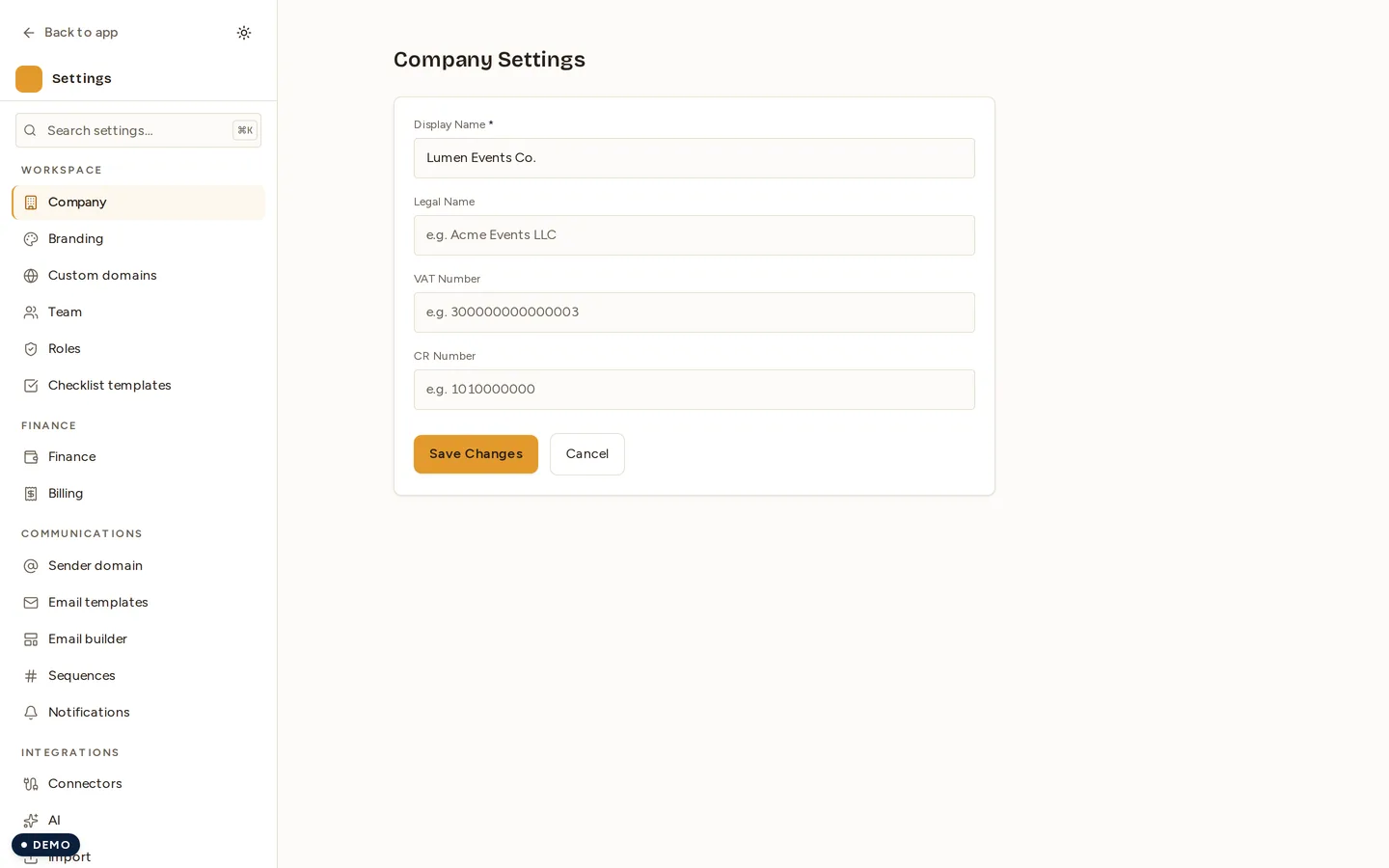 The Company screen — the fields that carry your legal identity onto tax documents, shown empty as they are on a workspace that has not filled them in.