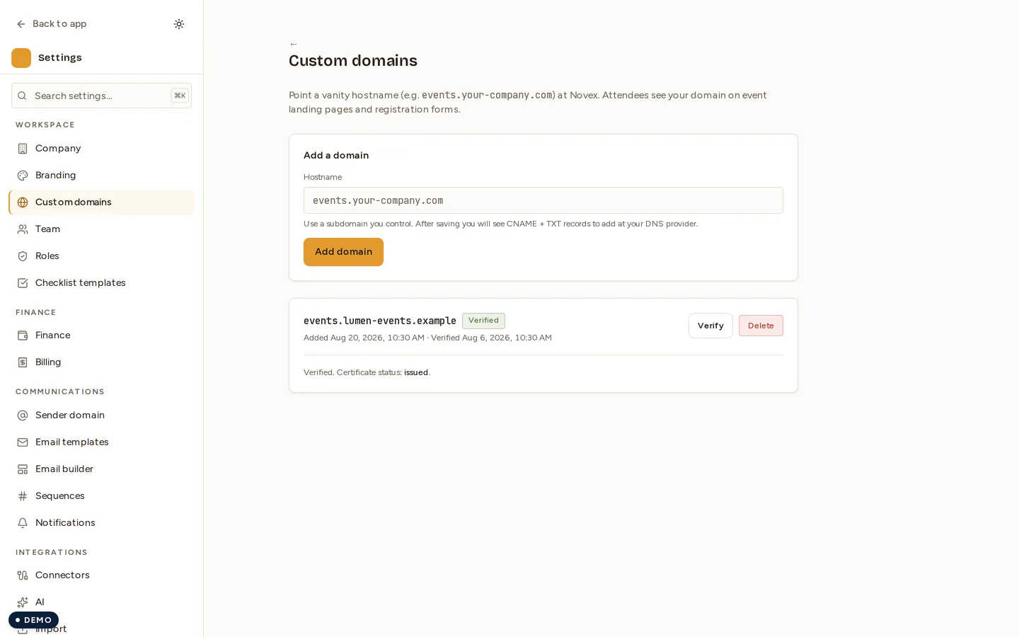 The Custom domains screen with a verified domain: DNS verification and certificate state are shown separately.