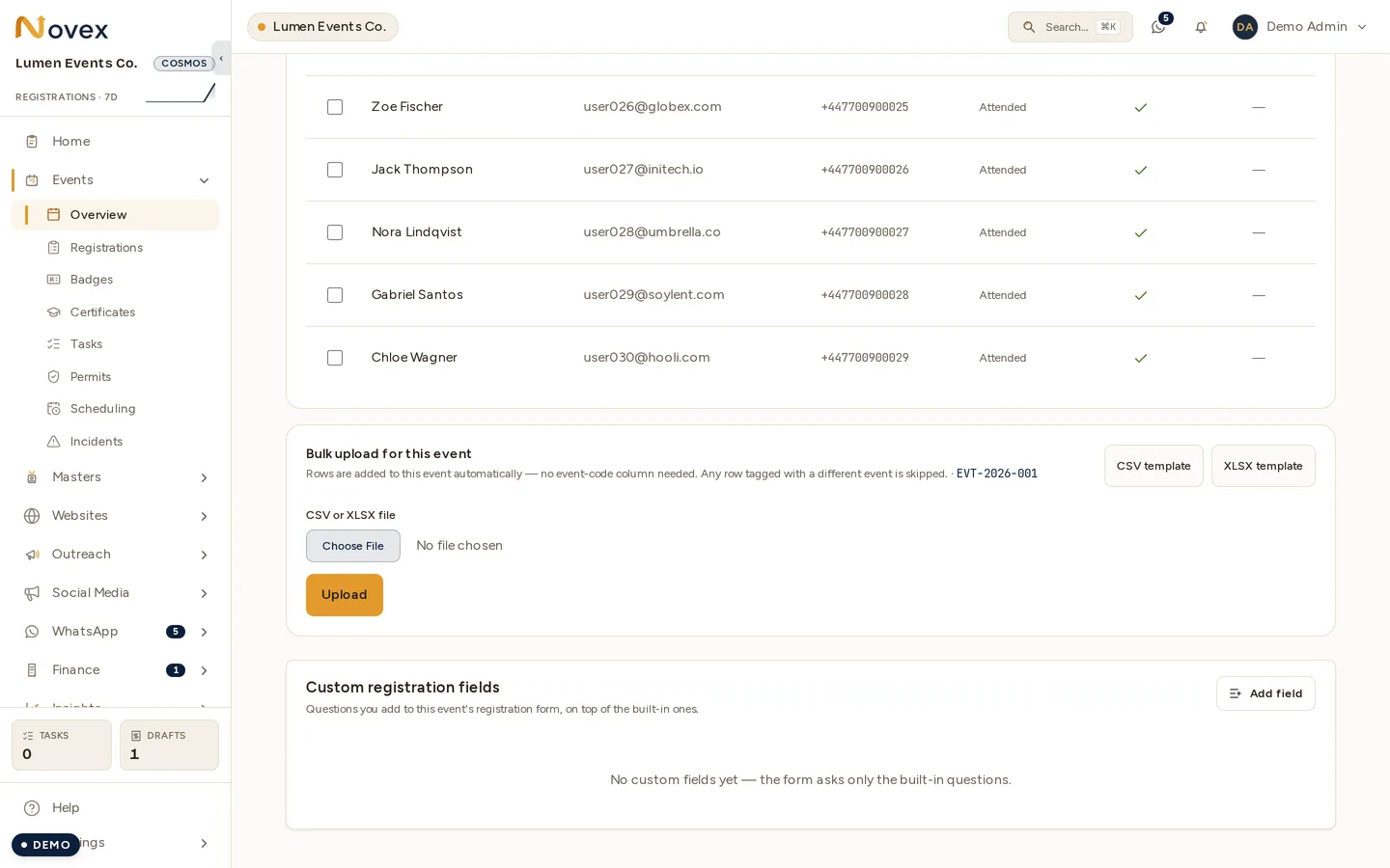 The foot of an event's registration pane: a bulk-upload panel with CSV and XLSX template downloads, and below it a "Custom registration fields" card with an Add field button, reading "No custom fields yet — the form asks only the built-in questions."
