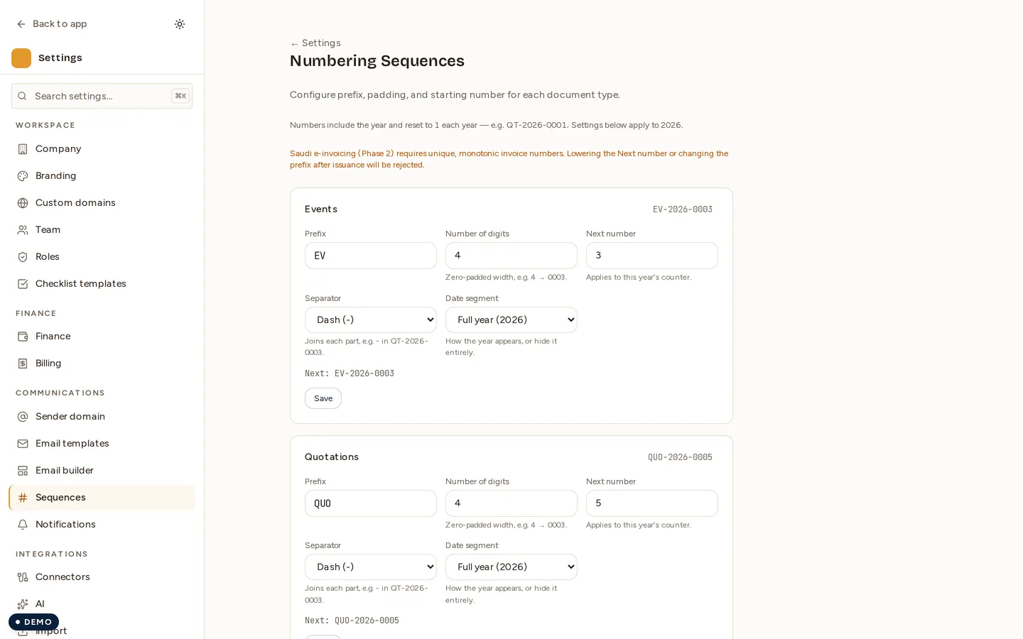 The Sequences screen, with one numbering rule per document type.