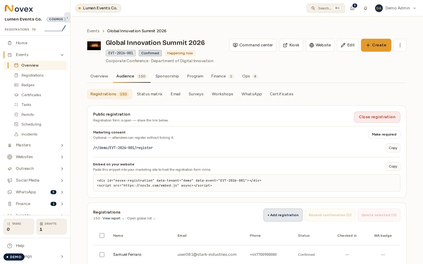 The Public registration card on an event: the registration form's own link with a Copy button, and beneath it an "Embed on your website" panel holding a two-line snippet — a div carrying the tenant and event codes, and a script tag — with its own Copy button.