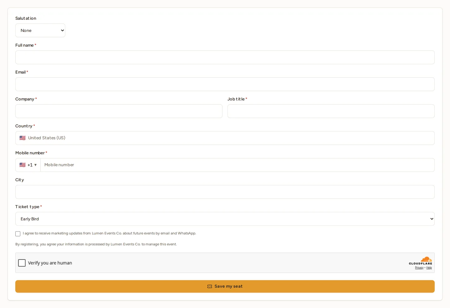 The registration form as it renders inside the embed: salutation, full name, email, company, job title, country, mobile number, city, ticket type, a marketing-consent tick, a "Verify you are human" challenge, and a Save my seat button — no site header or footer around it.