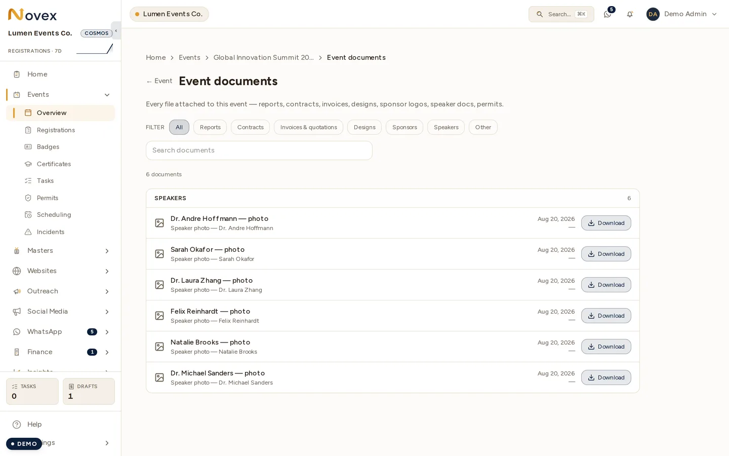 The Event documents screen: filter chips for Reports, Contracts, Invoices & quotations, Designs, Sponsors, Speakers and Other, a search box, and six documents grouped under a SPEAKERS heading, each with a Download button.