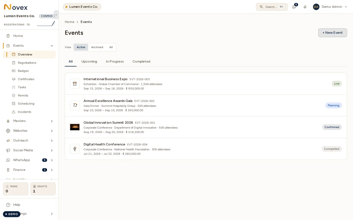 The Events list, with the New event button top-right.