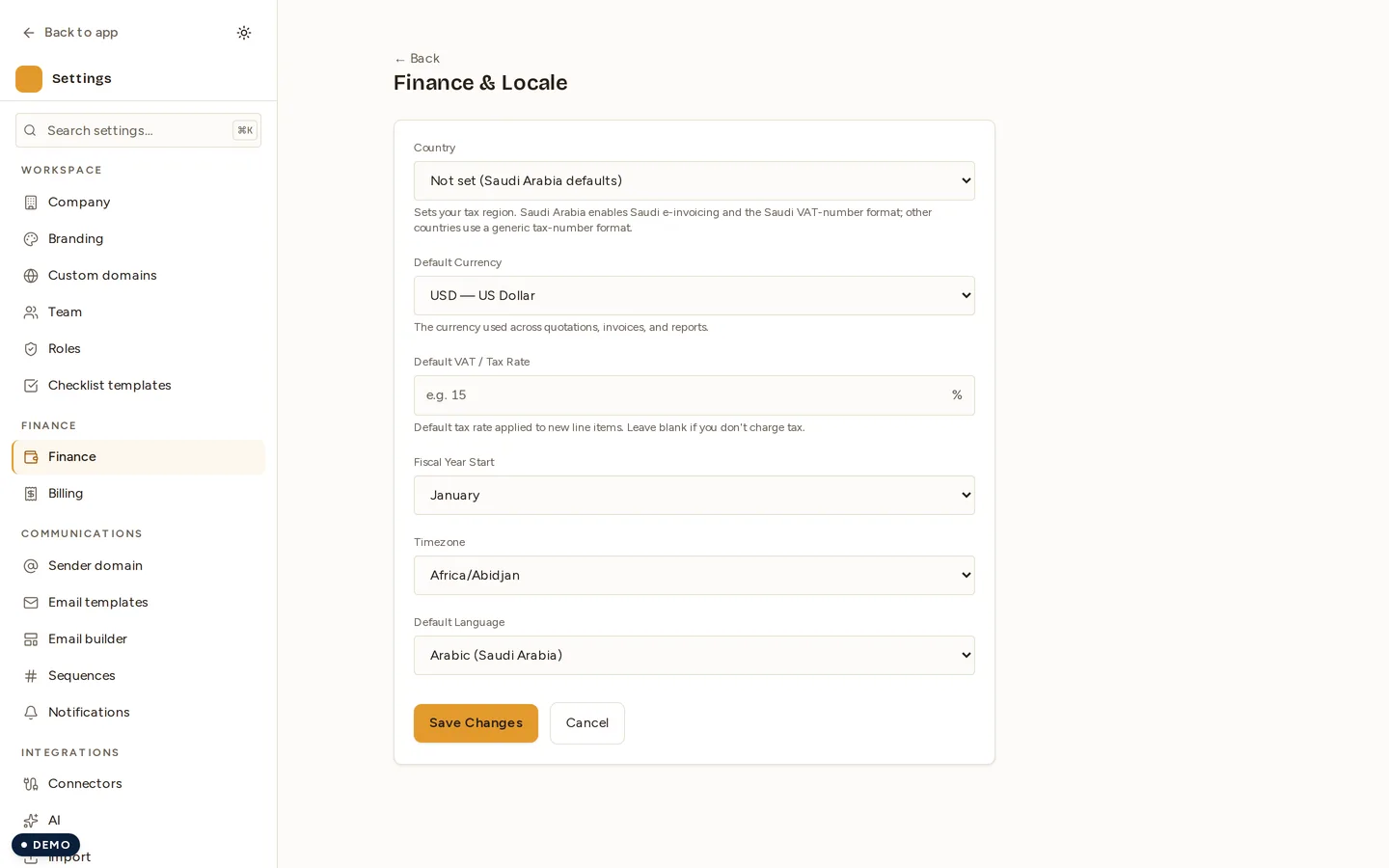 The Finance settings screen: base currency, VAT treatment and the locale defaults.