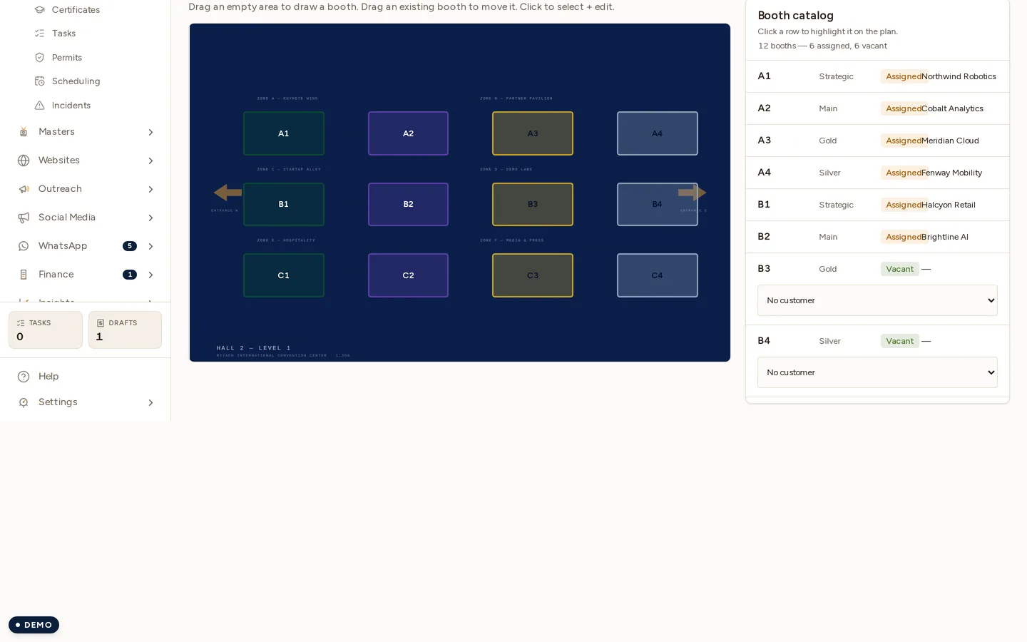 The floor-plan editor: the uploaded venue plan with twelve labelled booths drawn over it in tier colours, and a Booth catalog beside it reading "12 booths — 6 assigned, 6 vacant", each row naming its tier and either the company holding it or a customer picker if it is vacant.