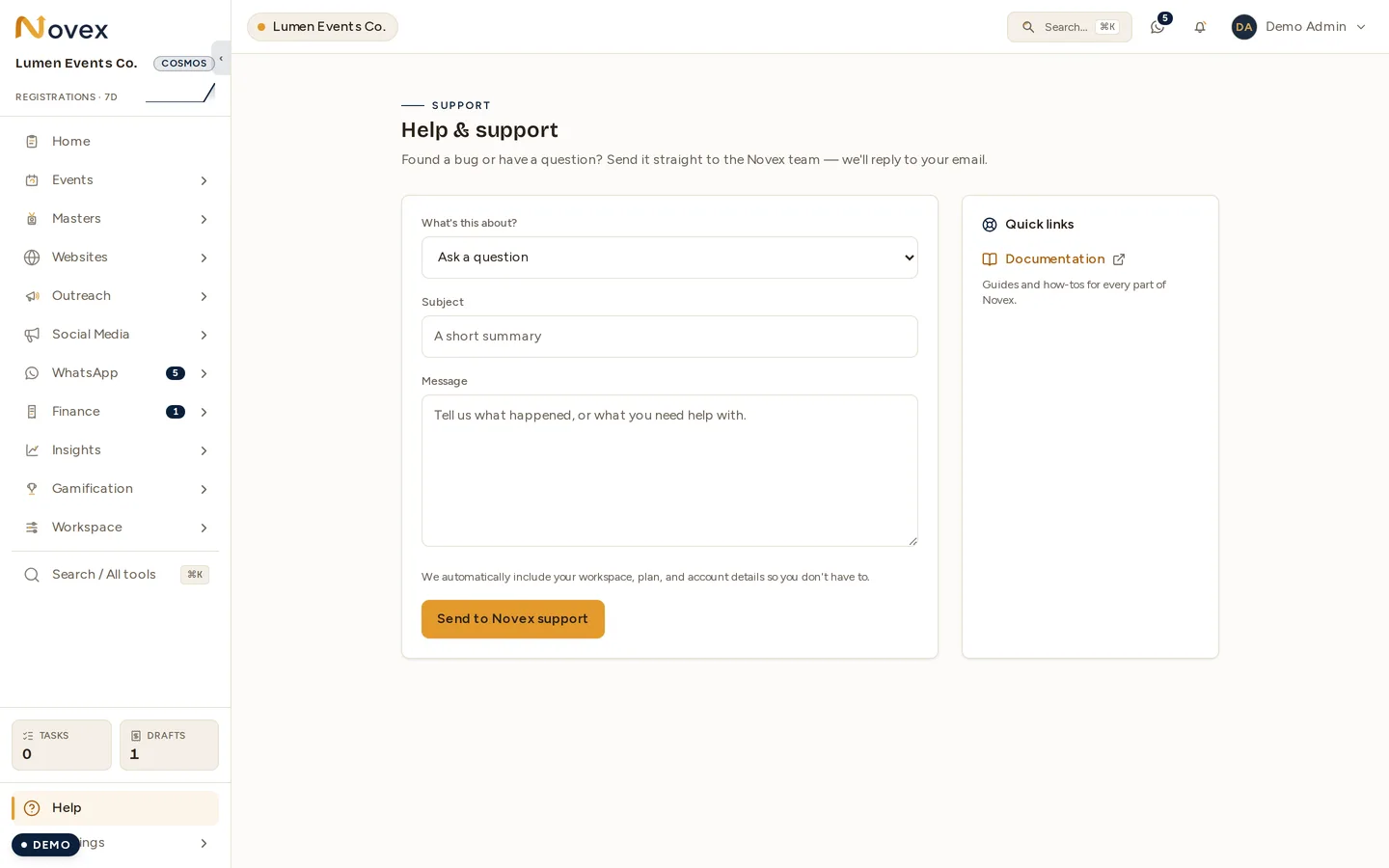 The in-app Help page, reachable from the left-hand navigation in every workspace.