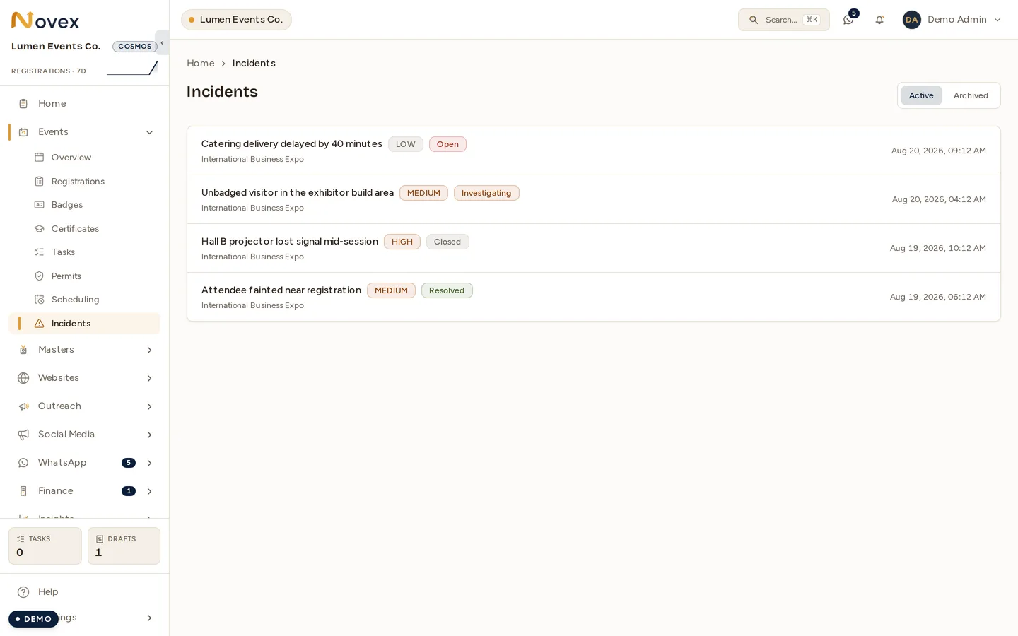 The Incidents screen on its Active view: four incidents, each with a severity chip (LOW, MEDIUM, HIGH), a status chip (Open, Investigating, Closed, Resolved), the event it belongs to, and when it was logged.