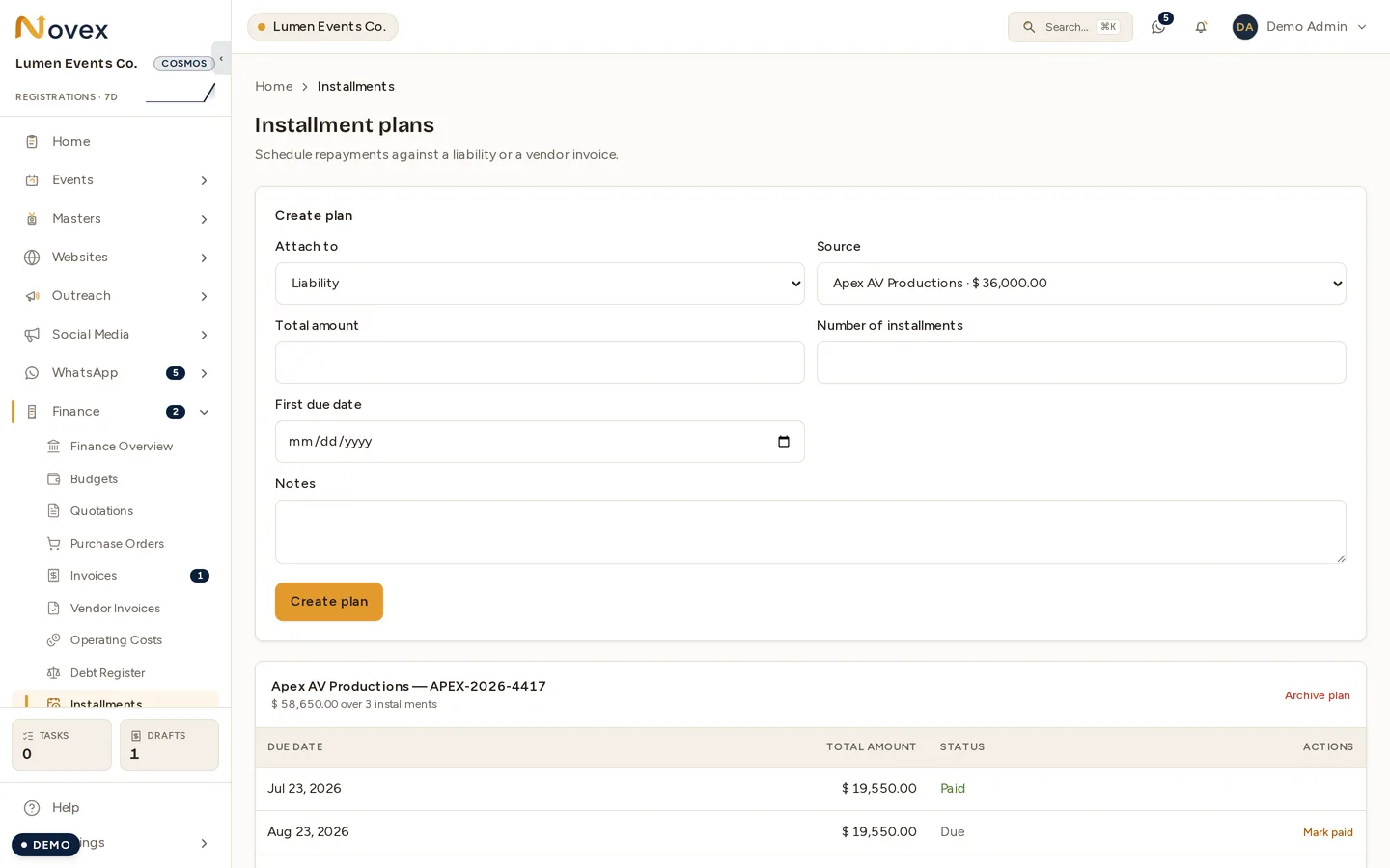 The Installment plans screen: a create-plan form asking what to attach the plan to, its source, total amount, number of installments and first due date, and below it a plan against a vendor invoice showing three installments with due dates, amounts and paid or due status.