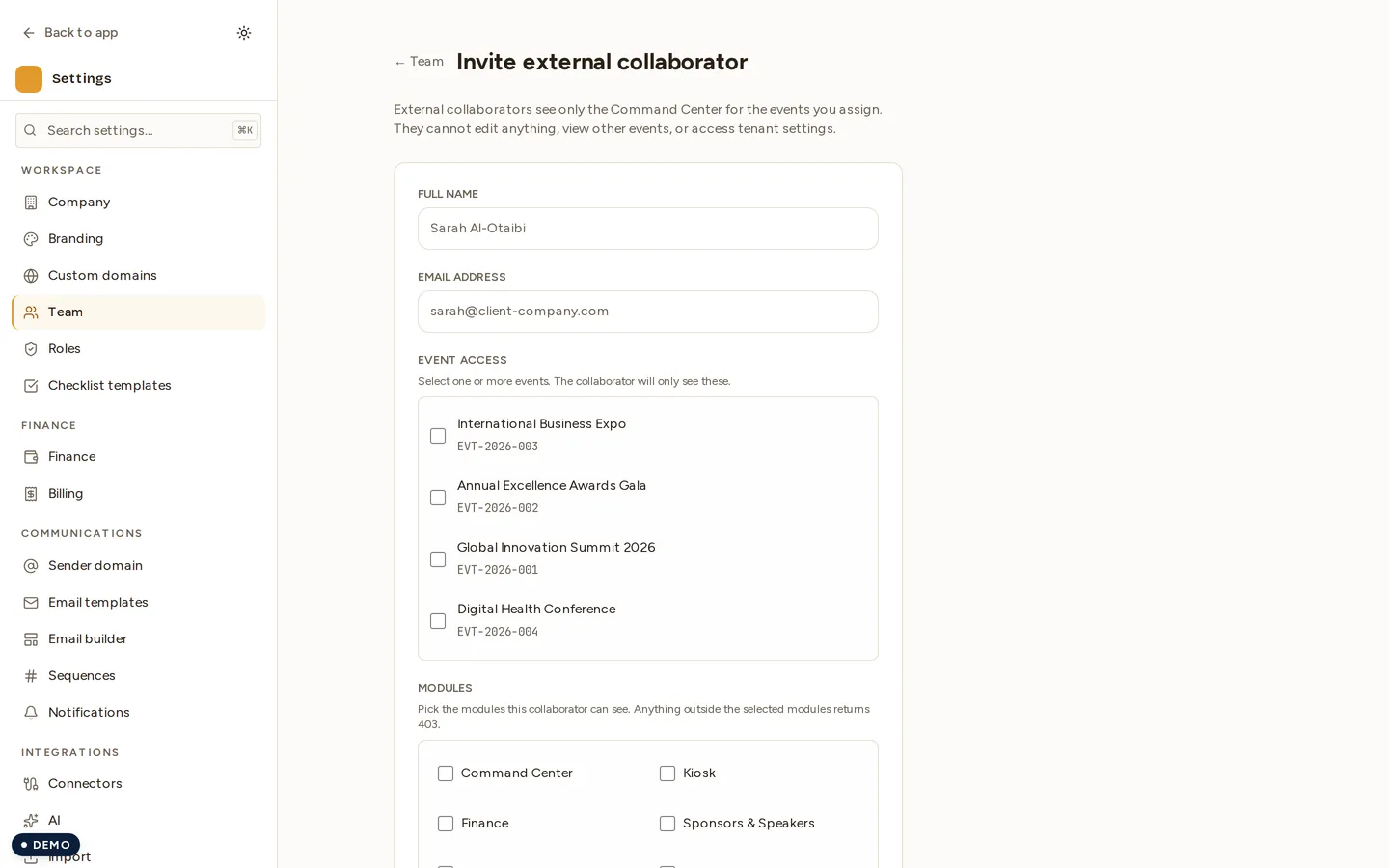 The invite-collaborator form, where the events a collaborator may see are chosen explicitly.