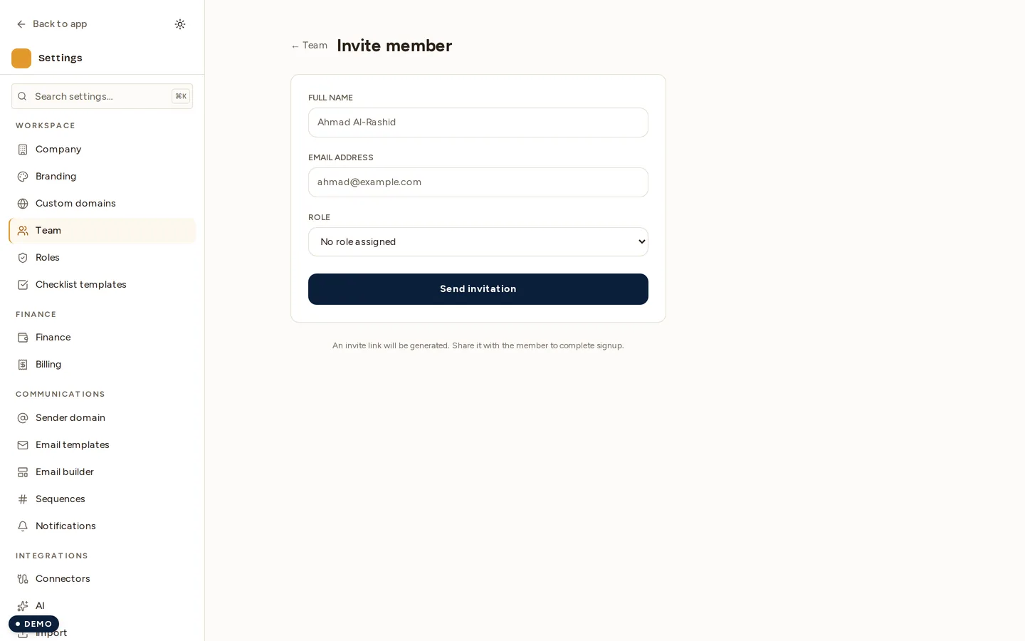 The invite form: an email address and the roles the new member will hold.