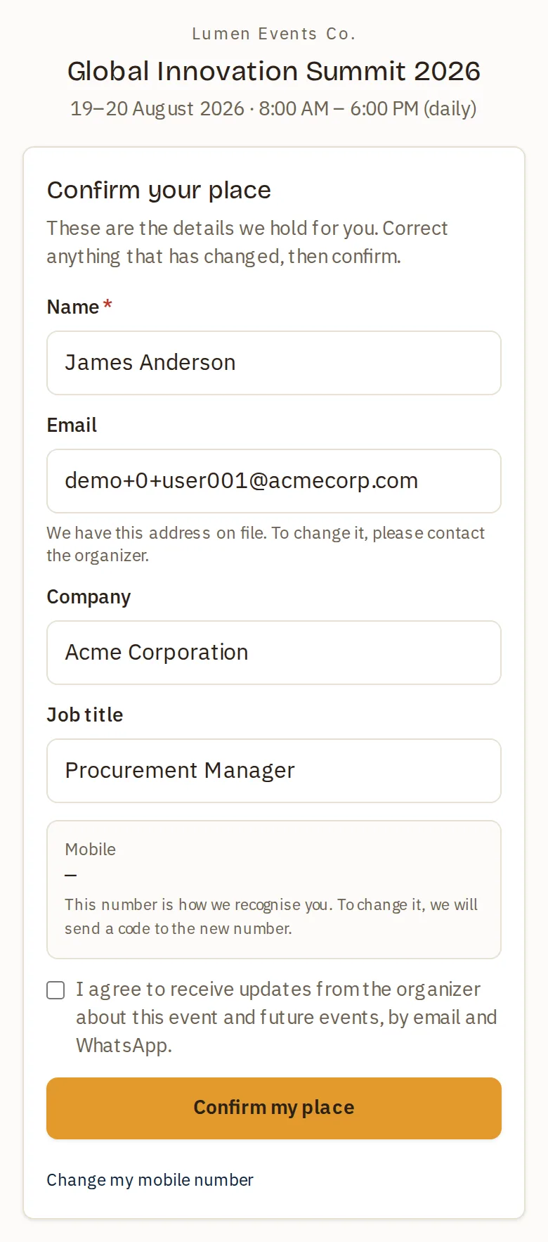 The same door at 390px — the width an invitation link is usually opened at.