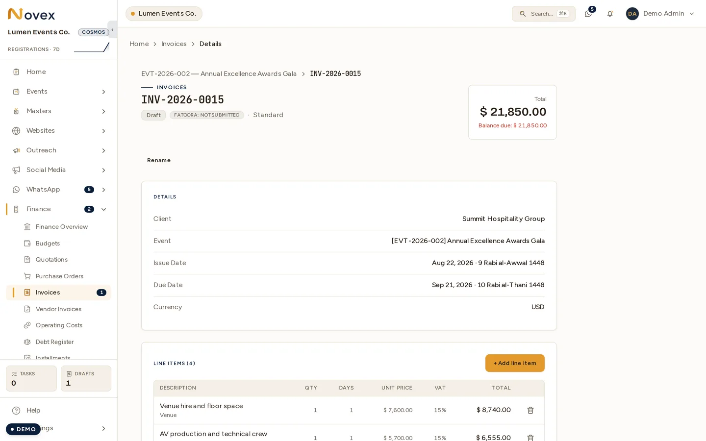 An invoice detail screen: the status badge and Fatoora state under the invoice number, a Details card with client, event, issue and due dates in both Gregorian and Hijri, and the line-items table below with quantity, days, unit price, VAT and line total.
