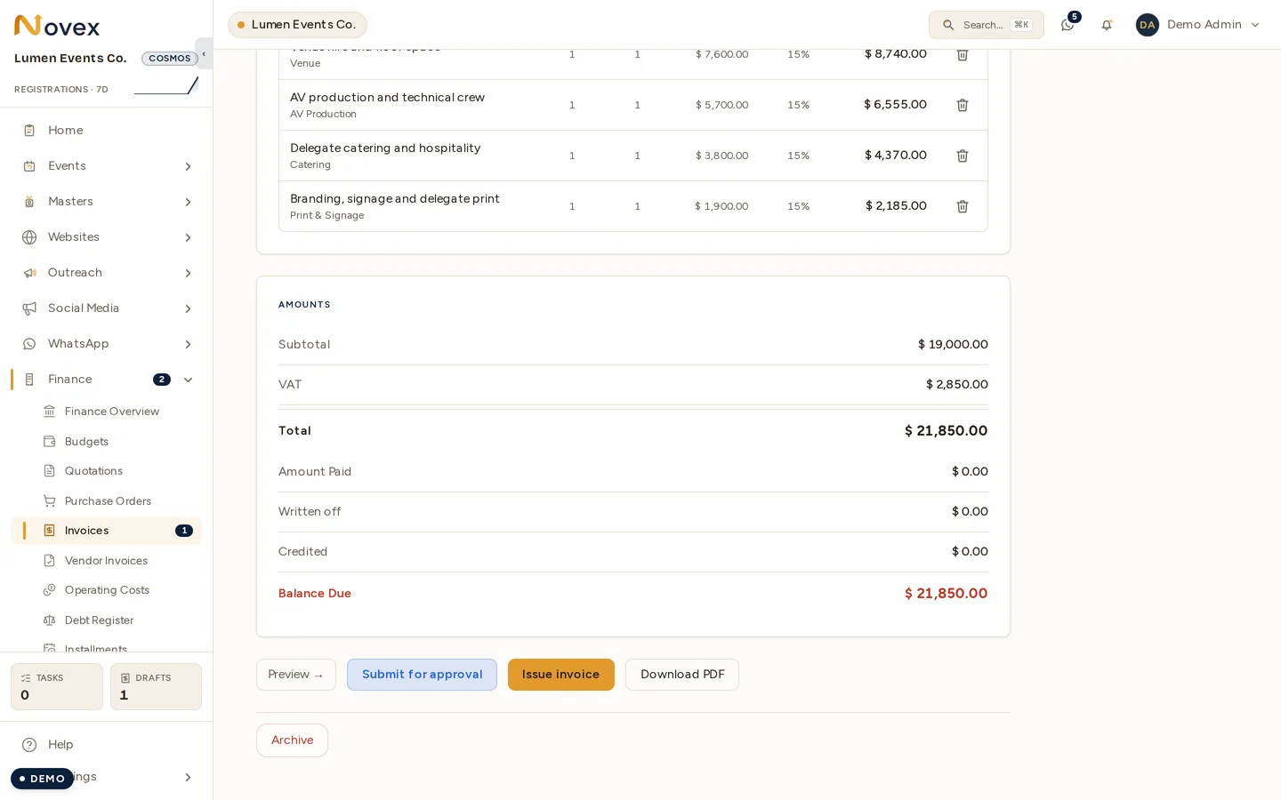 The foot of an invoice: the Amounts card listing subtotal, VAT, total, amount paid, written off, credited and the balance due, with Preview, Submit for approval, Issue invoice and Download PDF actions underneath.