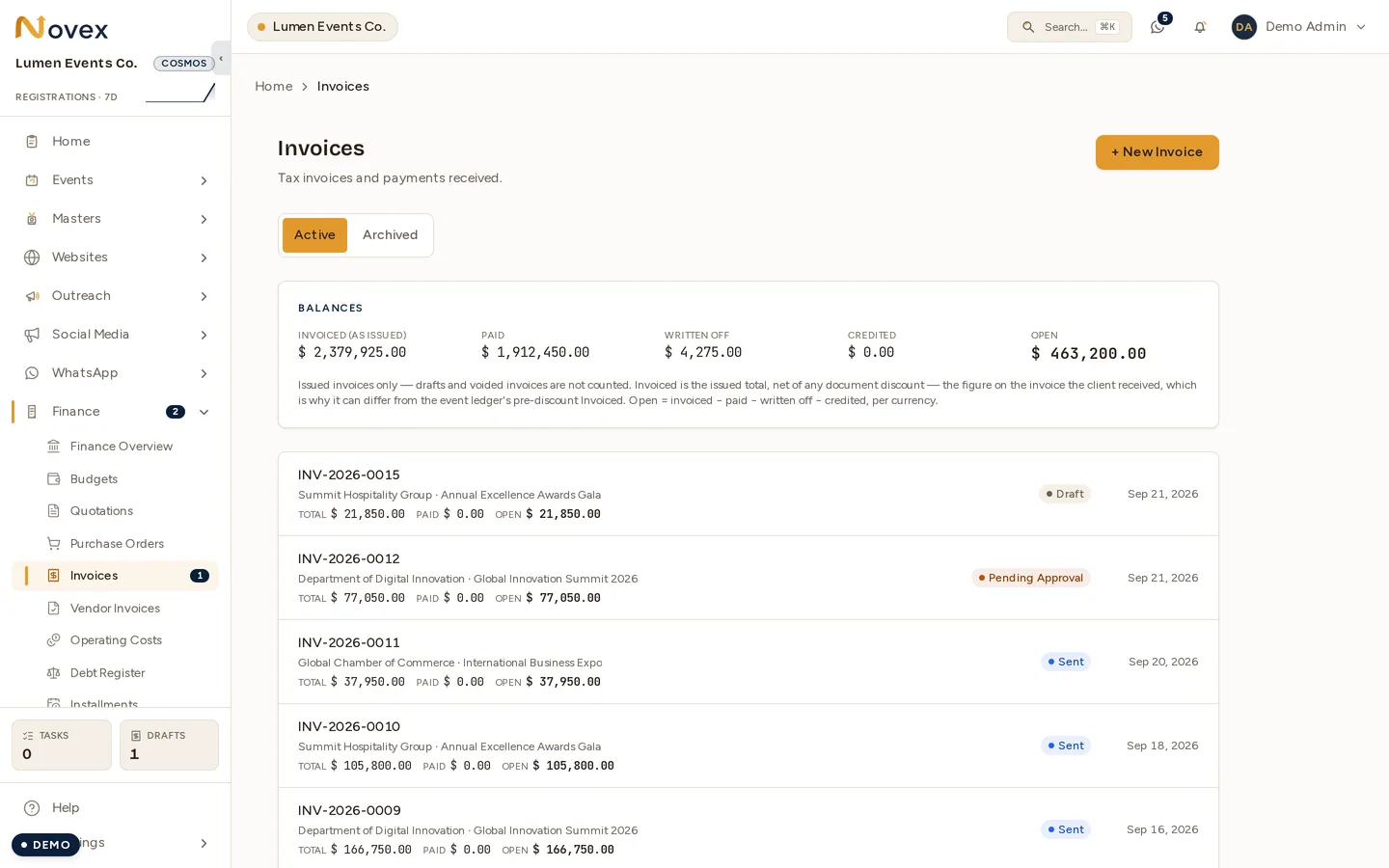 The invoices list. A Balances card across the top gives invoiced, paid, written off, credited and open totals, and each row below carries the invoice number, client, event, total, paid and open amounts, a status badge and the due date.