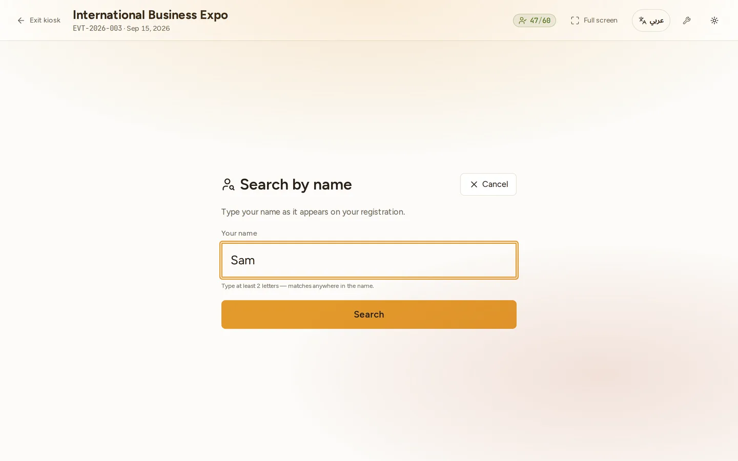 The kiosk's Search by name pane: one large text field holding a partial name, the hint "Type at least 2 letters — matches anywhere in the name", and a full-width Search button.