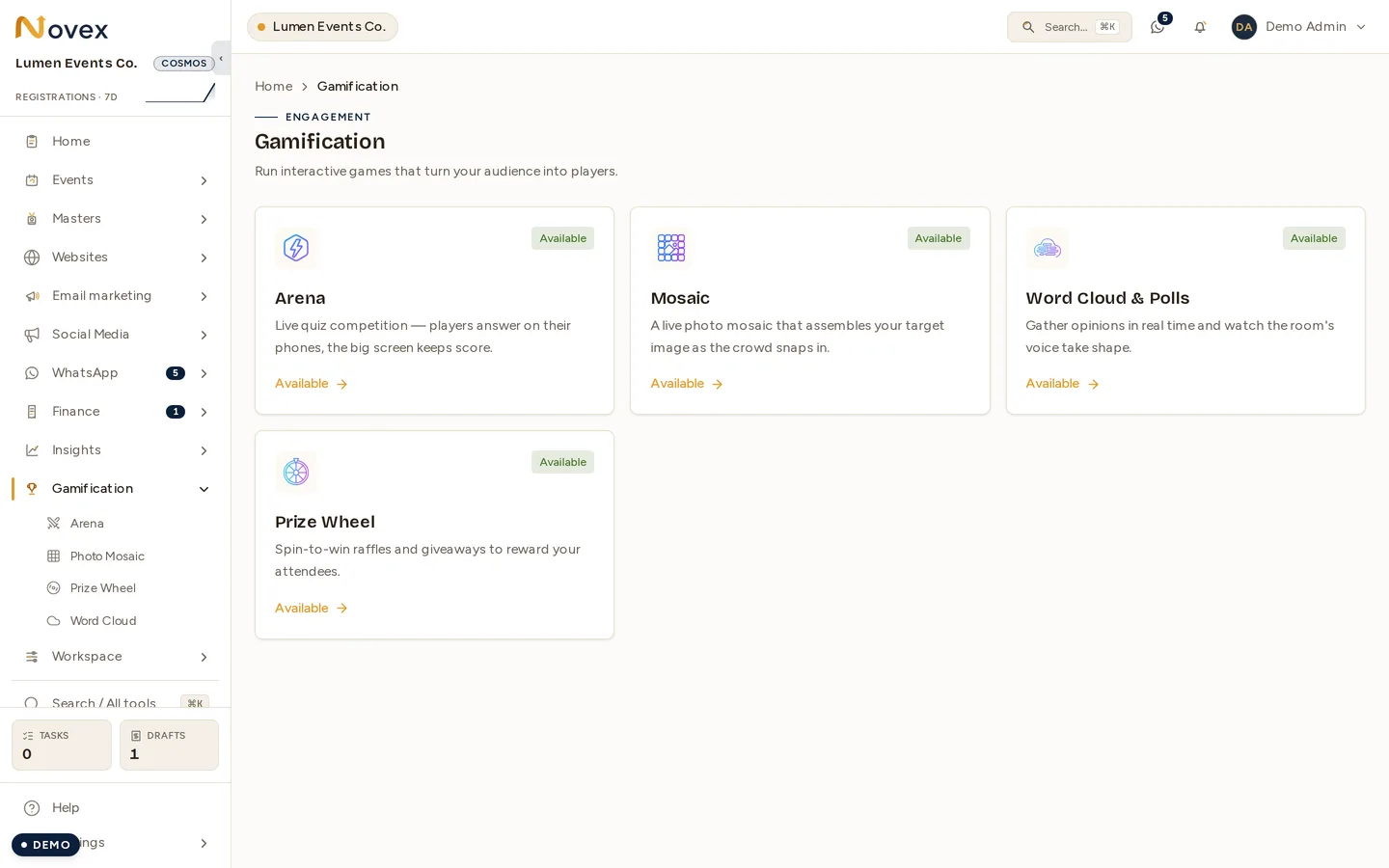 The Gamification hub: four tiles — Arena (live quiz competition), Mosaic (a live photo mosaic), Word Cloud & Polls, and Prize Wheel — each carrying an Available badge and a one-line description, with the same four entries repeated in the left-hand nav.