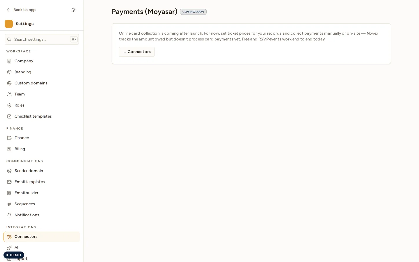 The Moyasar connector screen carrying a COMING SOON badge, a single paragraph explaining that online card collection arrives after launch, and a link back to Connectors — there is nothing to configure.