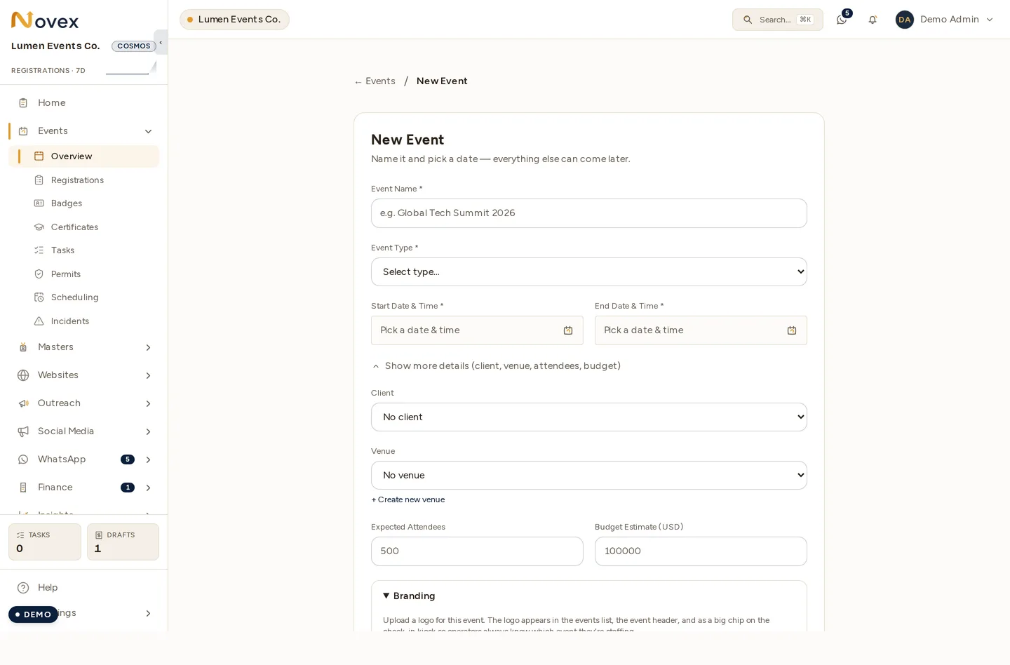 The New Event form: name, event type, start and end date and time, with a "Show more details" section expanded to reveal client, venue, expected attendees and budget estimate.