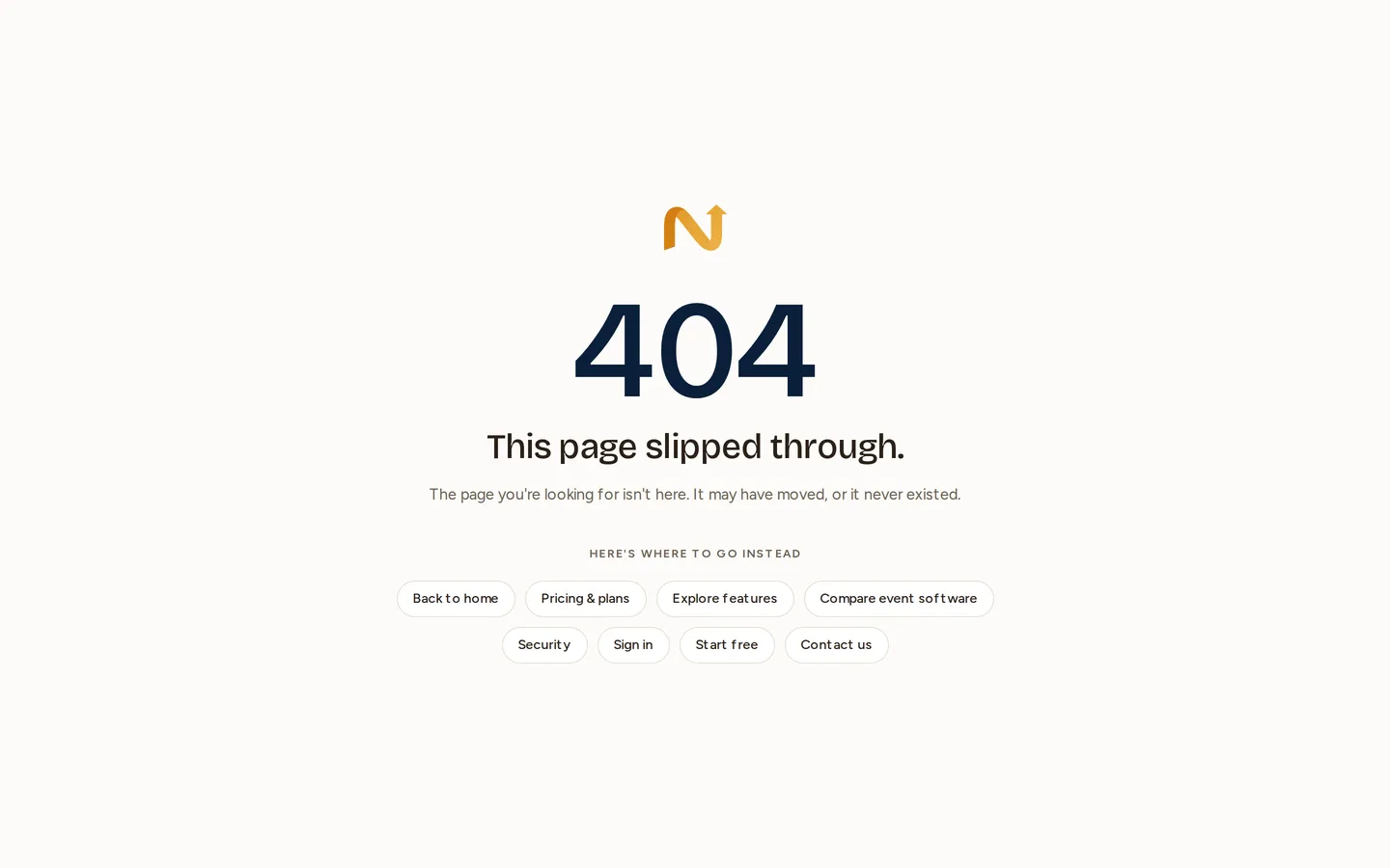 The 404 page: a plain explanation and a row of onward destinations — home, pricing, features, security, sign in — rather than a dead end.