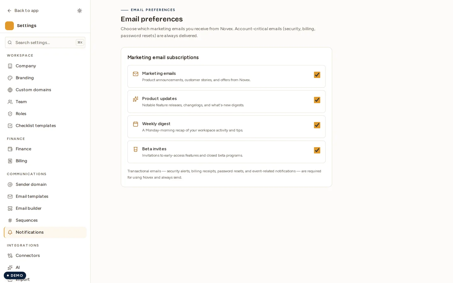 The Email preferences screen: a Marketing email subscriptions card with four toggles — marketing emails, product updates, weekly digest and beta invites — each ticked, and a footnote that transactional email is required and always sends.