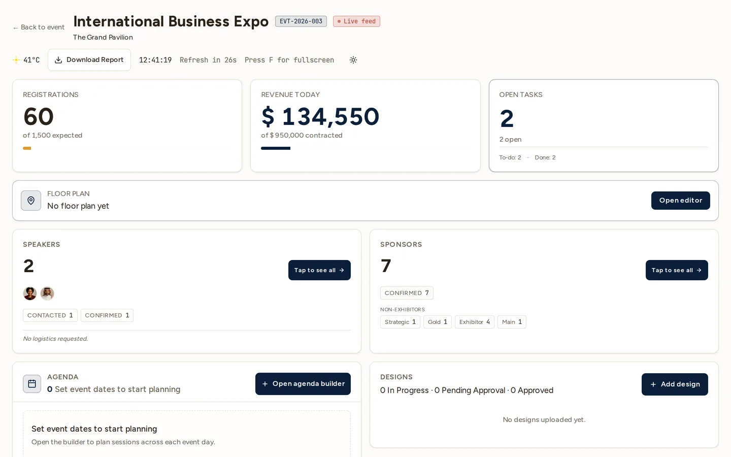 The Command Center for a live event: the event name with a Live feed badge, venue and temperature, a Download Report button and a refresh countdown, then tiles for registrations against expected, revenue today against contracted, and open tasks — with floor plan, speakers, sponsors, agenda and designs cards beneath.