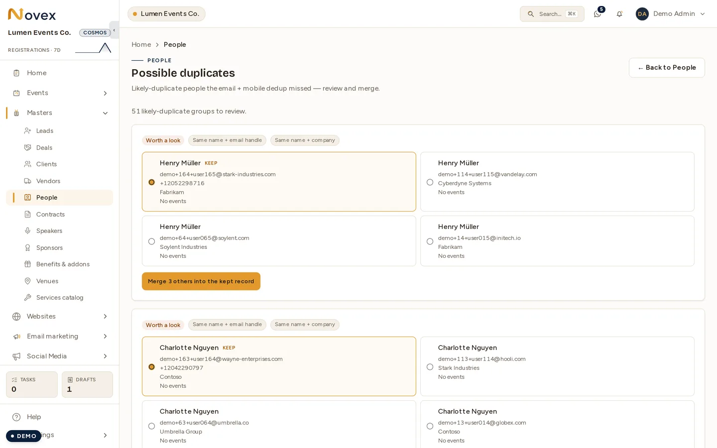 The Possible duplicates review queue: a count of likely-duplicate groups, then per group a "Worth a look" label beside the reasons that matched, the records side by side with one marked KEEP, and a button to merge the others into it.