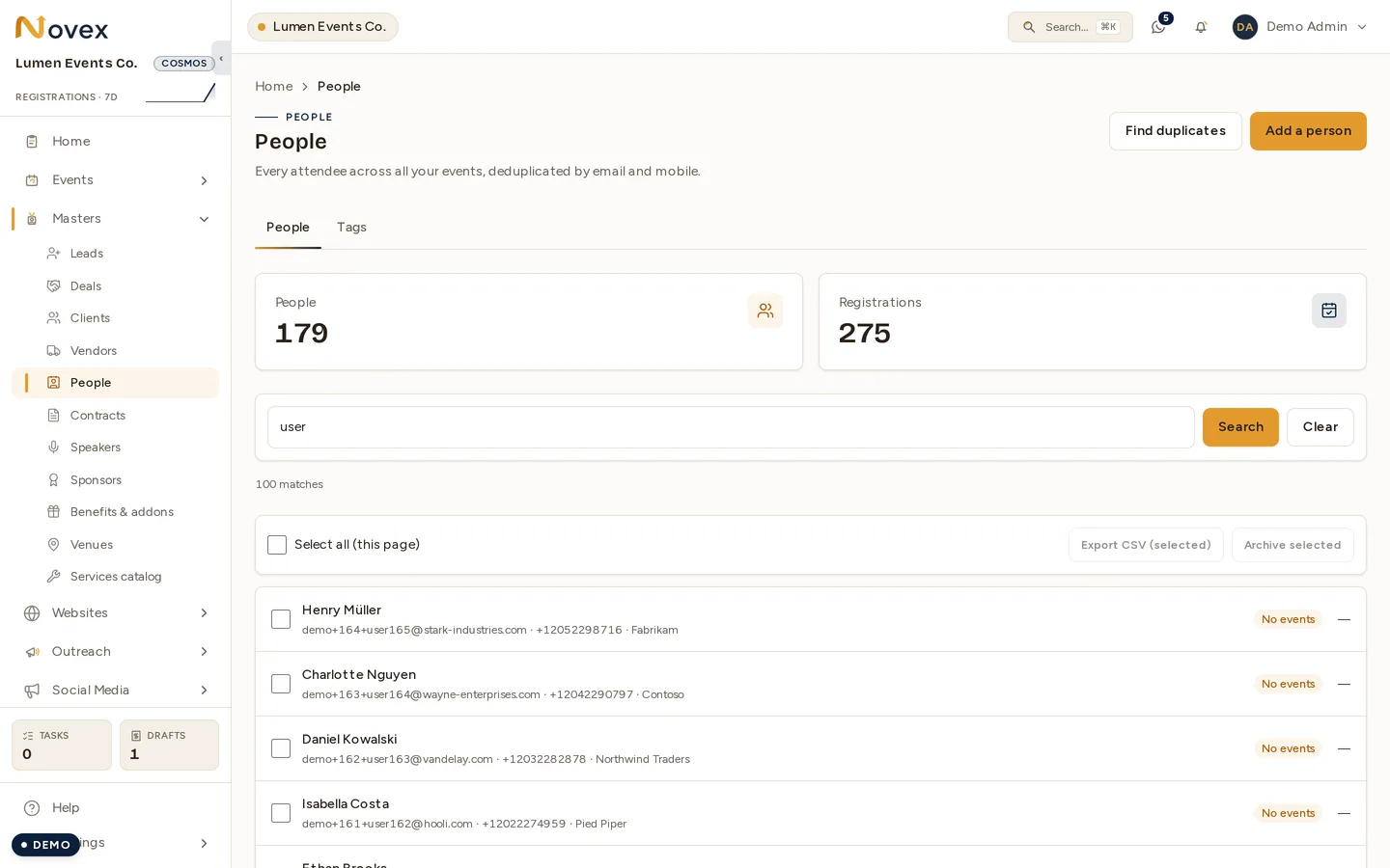 The People master with a name search applied: counters for total people and total registrations, then a row per person with their email, mobile, company and how many events they have attended.