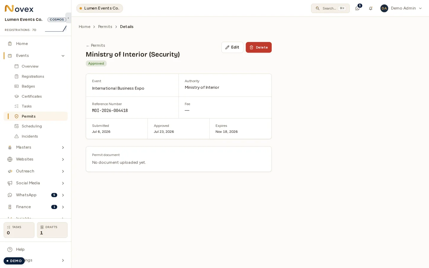 A single permit: authority, event, reference number and fee, the submitted, approved and expiry dates side by side, and a Permit document panel reading "No document uploaded yet."