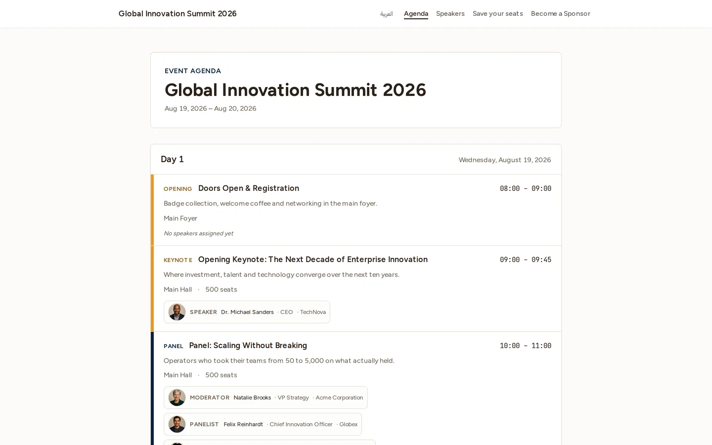 The public agenda sub-page, listing each published session with its time, track and speakers.