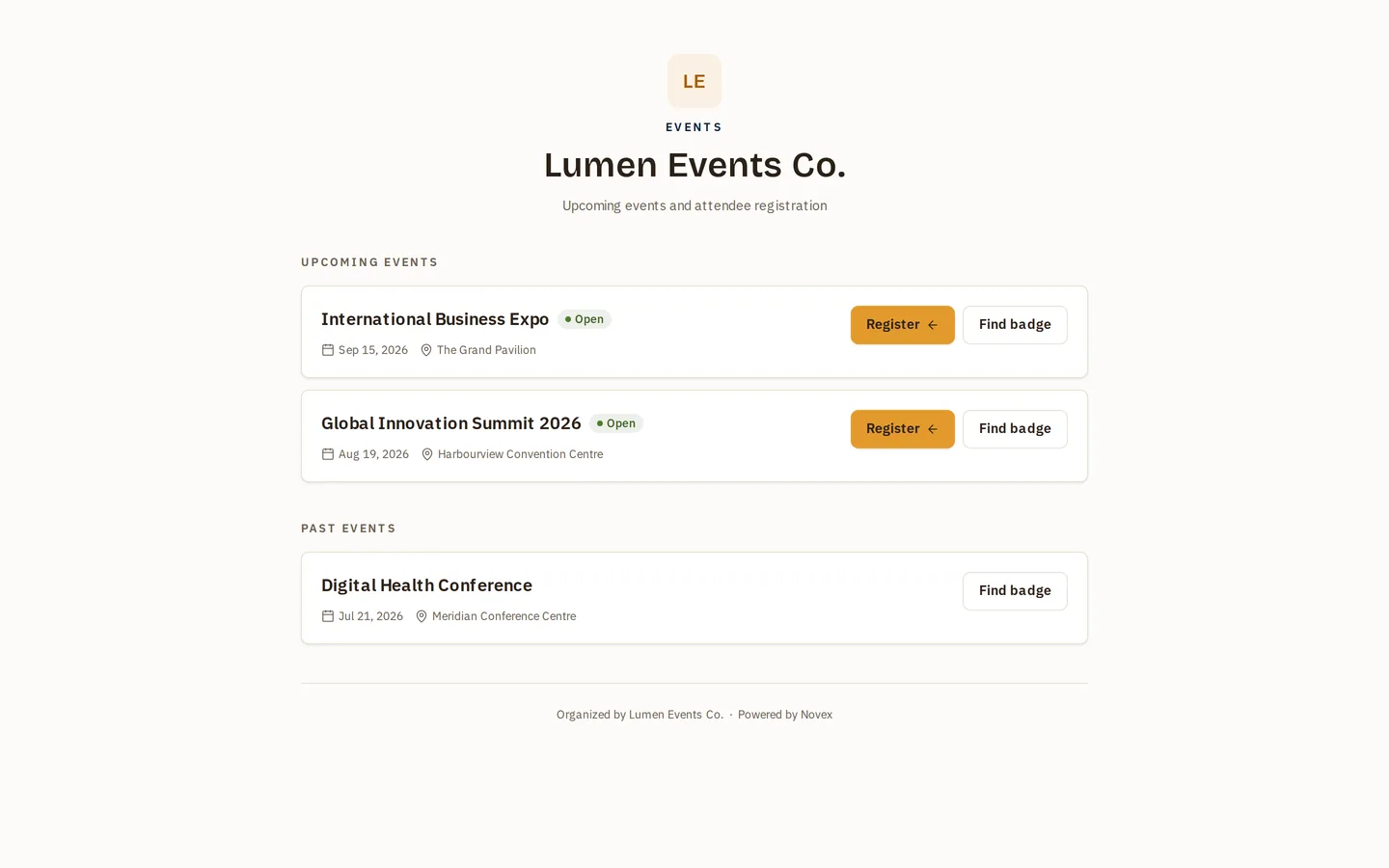 The workspace's public events page, listing every event that is open for registration alongside the badge lookup for past ones.
