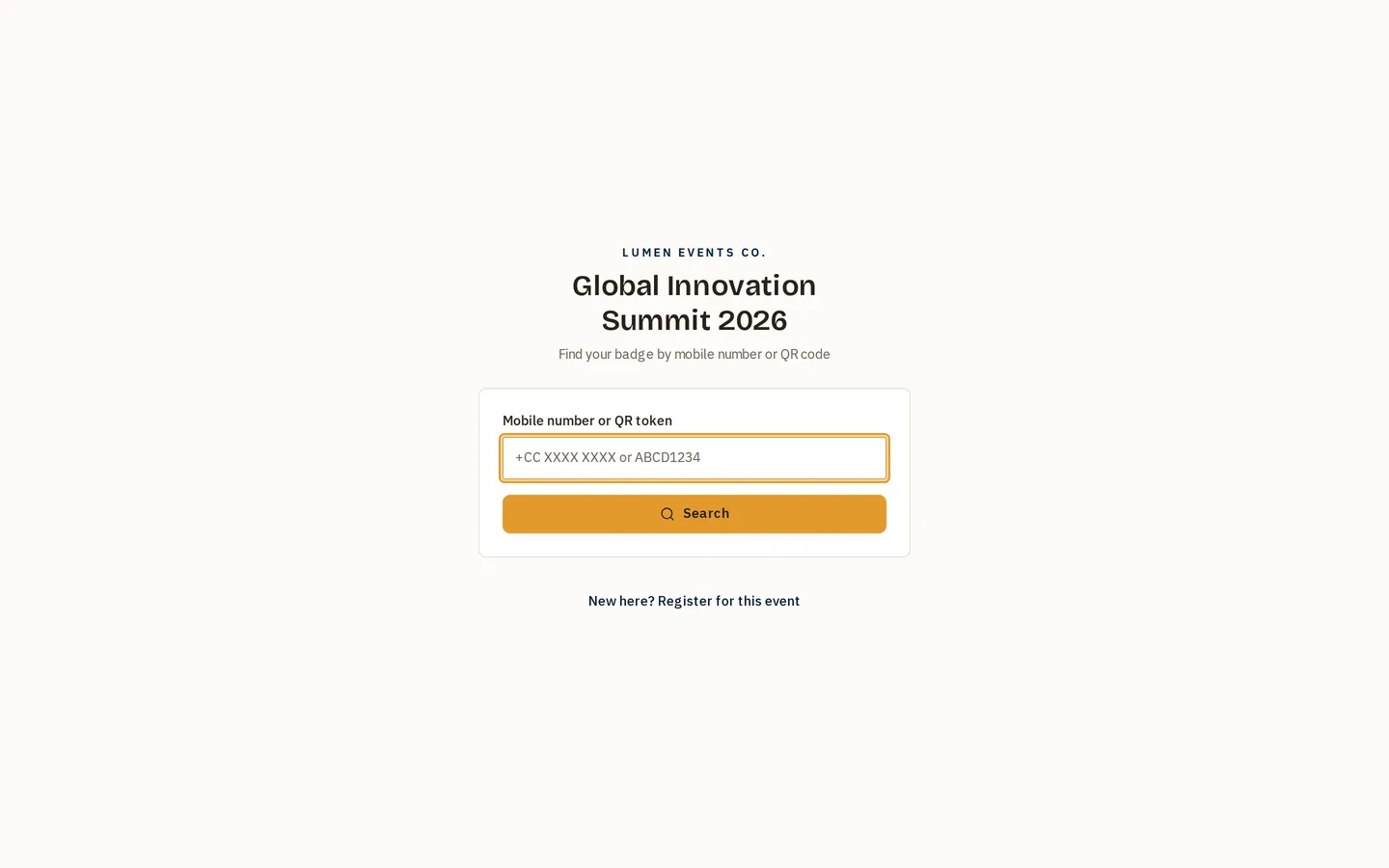What the shared link opens on: a badge lookup by mobile number or QR for returning attendees, with a "New here? Register for this event" link through to the form.