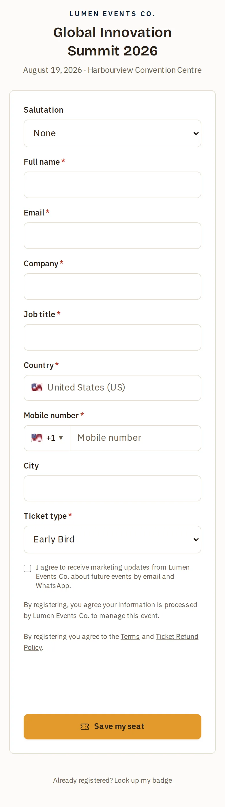 The same registration form at 390px, where most public registrations actually happen.