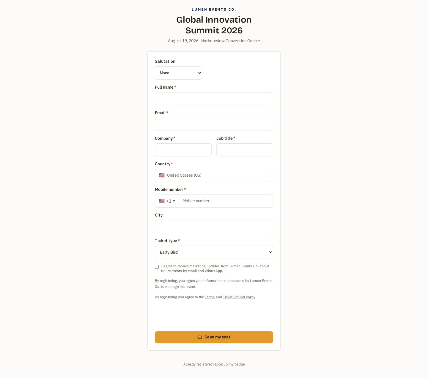 The registration form itself — the built-in fields every event collects.