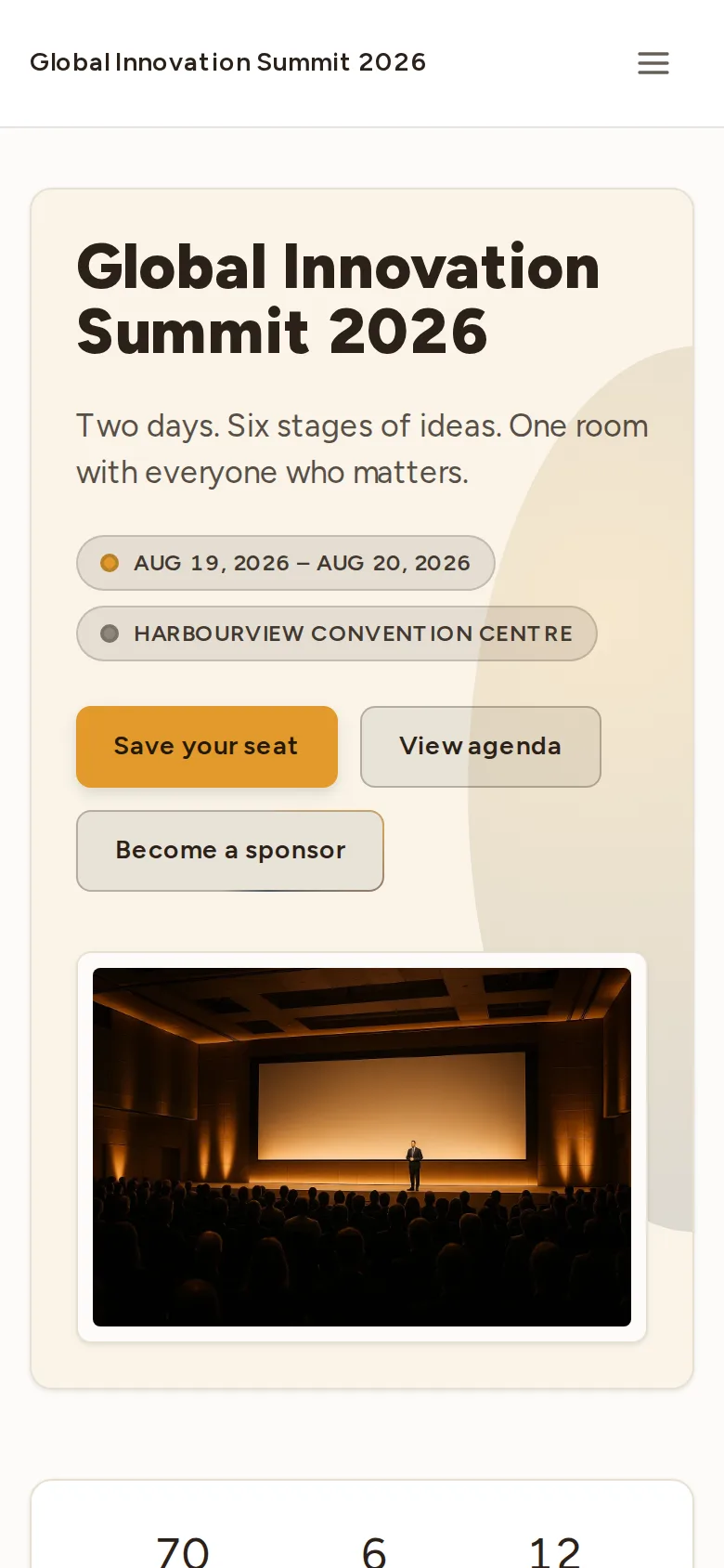 The same event website at 390px — the hero stacks and the actions become full-width, with no horizontal scroll.