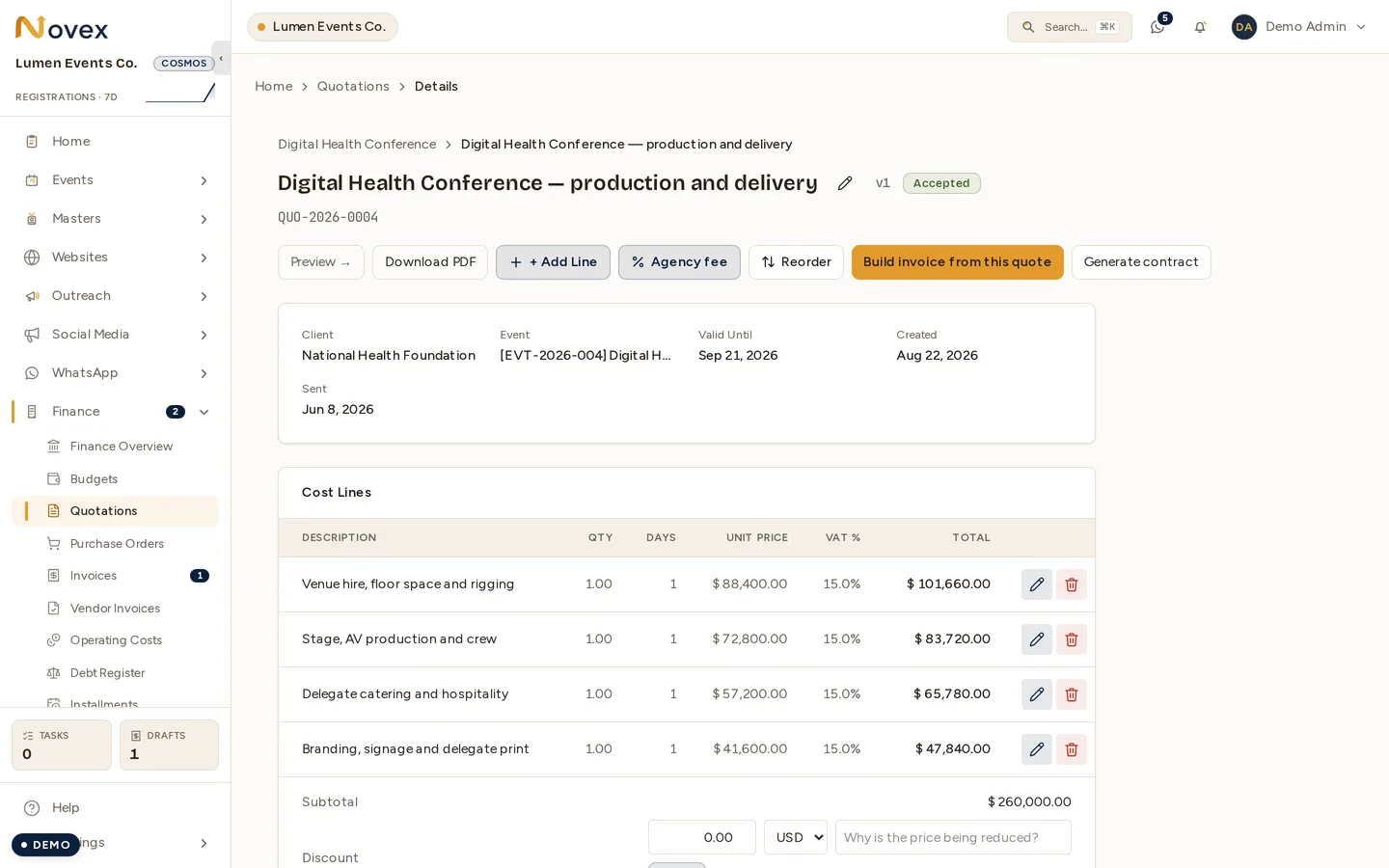 A quotation detail screen: the version and Accepted badge beside the title, action buttons for preview, PDF, add line, agency fee, reorder, build invoice and generate contract, a details card with client, event, valid-until and sent dates, and the cost-lines table with quantity, days, unit price, VAT percentage and line total.