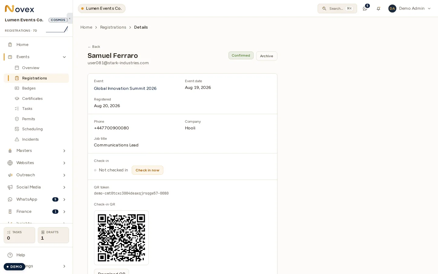 A single registration: the attendee's name, email and Confirmed status, the event and dates, their phone, company and job title, a check-in state with a "Check in now" button, their QR token and check-in QR, and the answers they gave on the form.