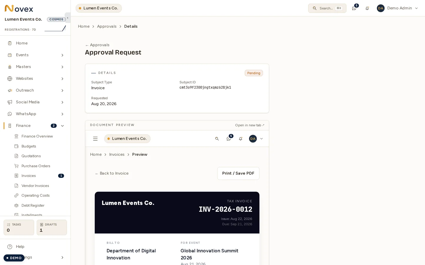 An approval request: a details card giving the subject type, subject id, requested date and a Pending badge, and beneath it the document-preview panel with the branded invoice rendered inline and an Open-in-new-tab link.